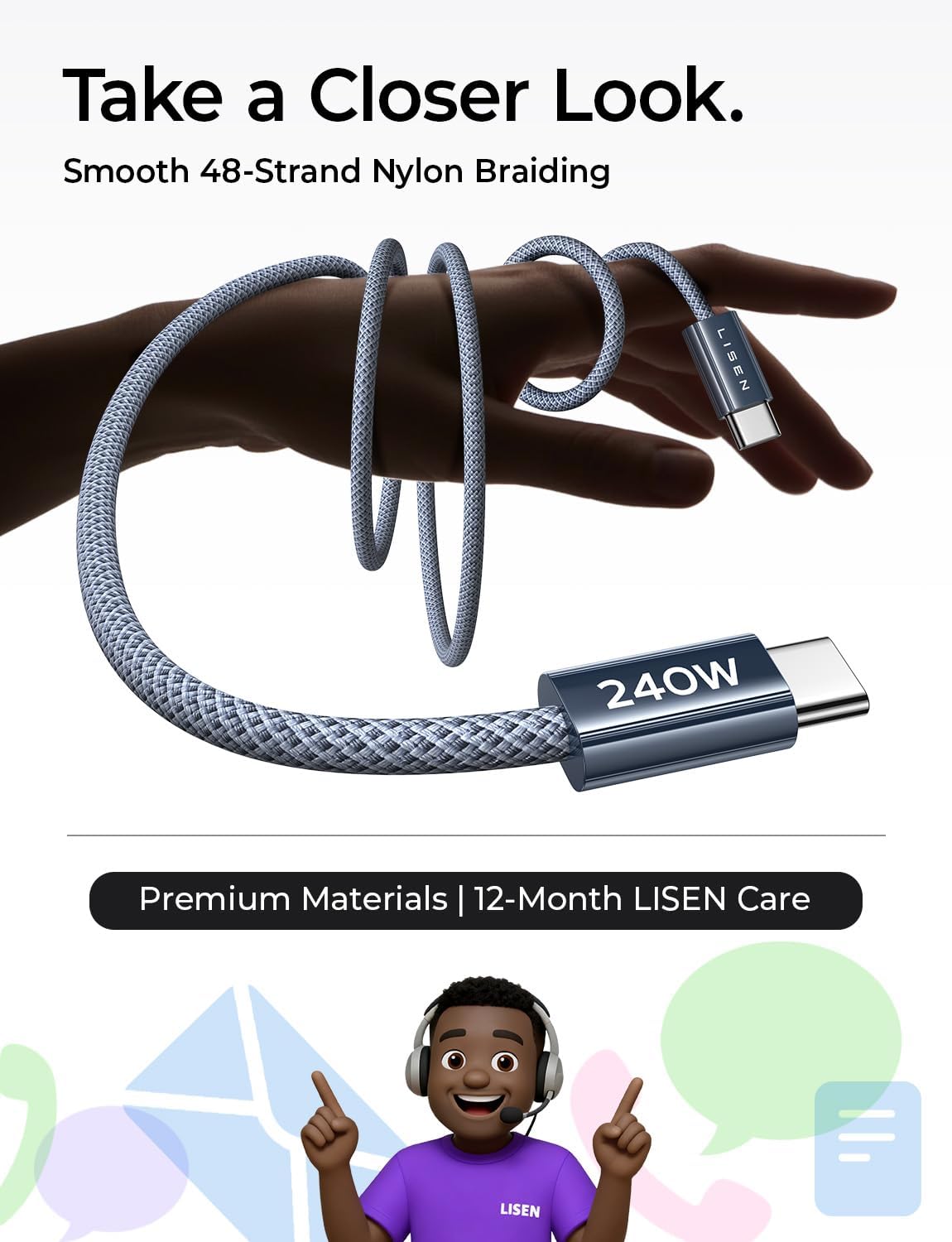 LISEN USB C Cable 240W - [6.6ft 2Pack] Nylon Braided Type C Cable Fast Charge PD3.1 USBC Fast Charging Data Cord for iPhone 17 16 Pro Max Samsung MacBook Pro,Xbox,iPad Pro/Air, Switch 2 - Image 8