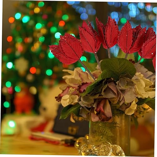 Miniatura 6 de Amosfun 6 piezas de flores artificiales de Navidad, decoración del hogar, flores rojas, magnolia, hojas de nochebuena con purpurina, flores de