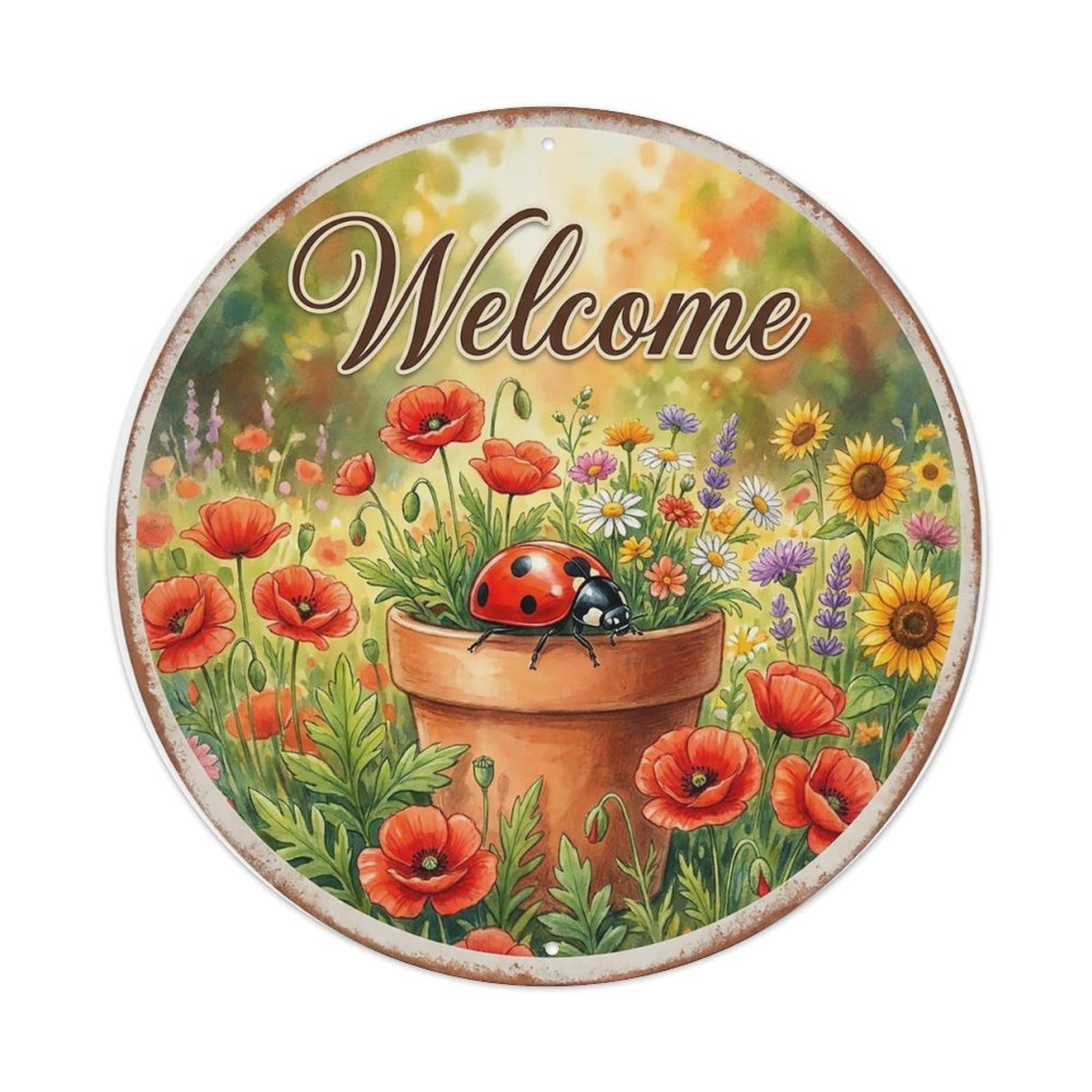 Welcome Ladybug Poppy Garden Metal Tin Sign