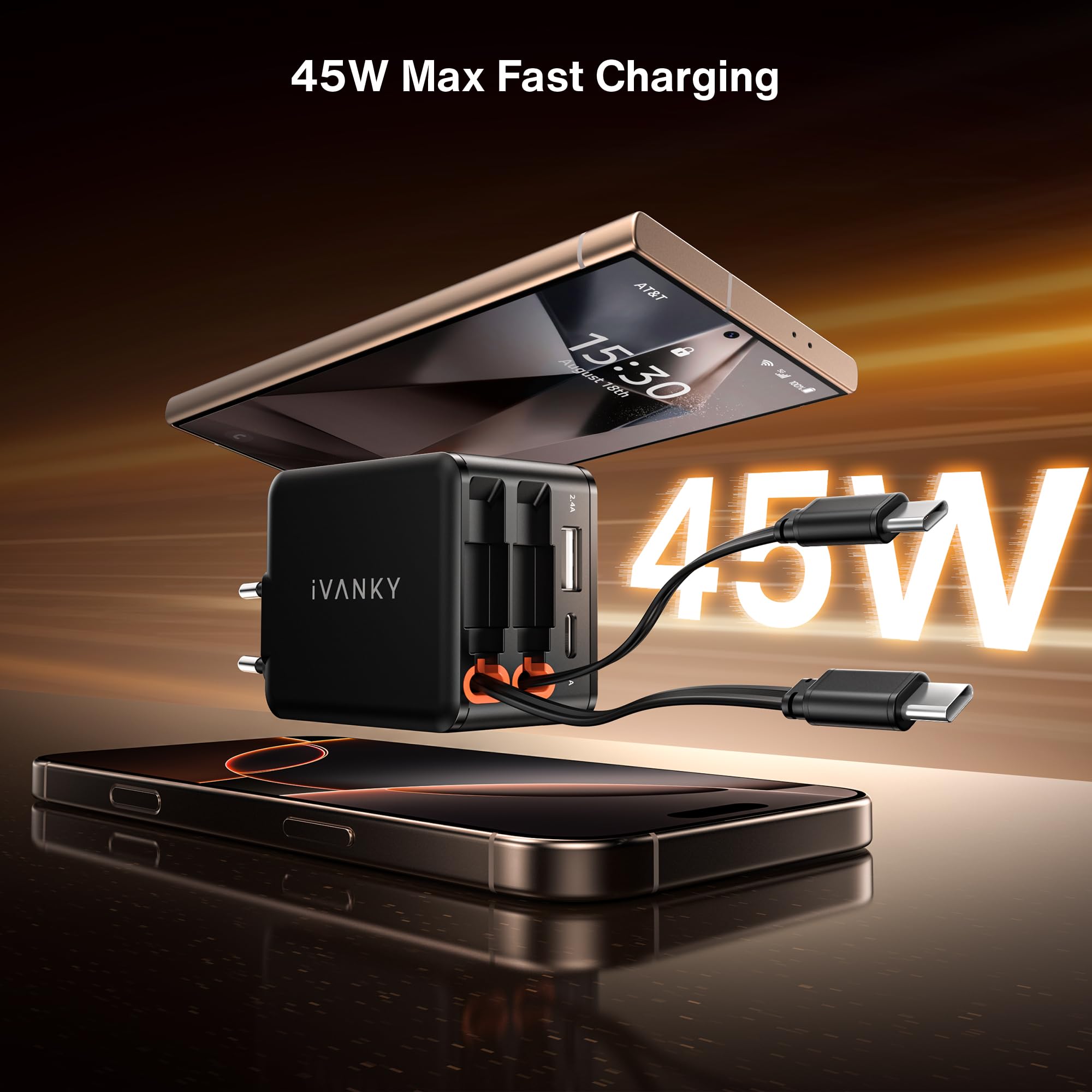 iVANKY 4-en-1 45W GaN Chargeur USB C Rapide iPhone 17 Pro Max Air, 4 Ports Câble Rétractable avec Deux câbles USB-C, Compatible avec iPhone 16/15/14/13 Galaxy S25/S24/S23/S22/A56/A16/A06