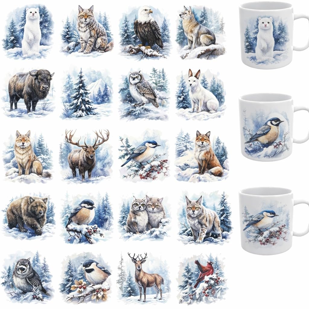 UV DTF Cup Wraps Transfer Stickers, 23 Pattern Waterproof Decals for Mug Glass Water Bottle, Winter Wildlife Theme, 2.5 Inch DIY Crafts