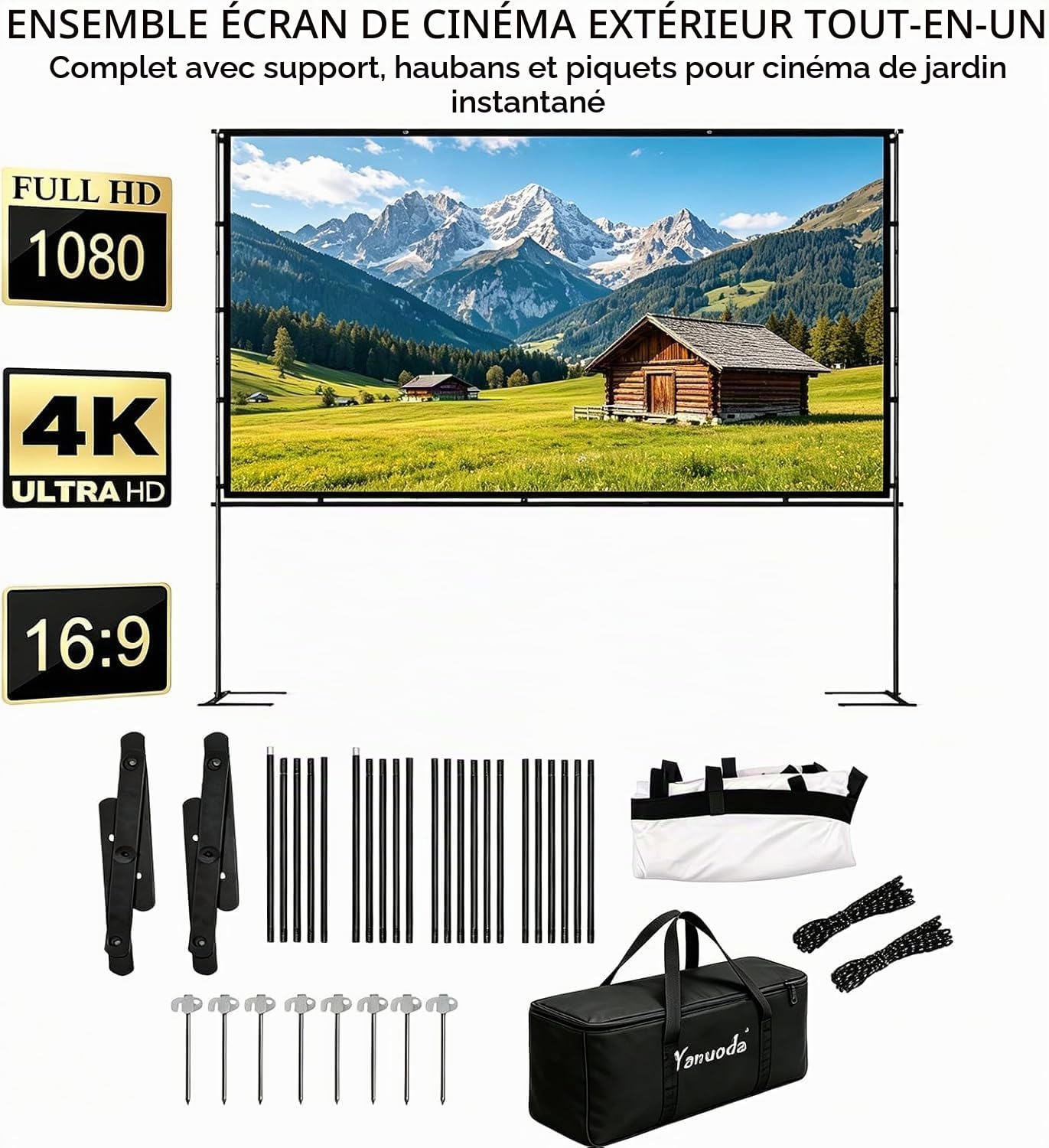 Écran de Projection 100" Grand Écran avec Support - Toile 4K HD 16:9 Anti-Pli, Montage 5 Min, Idéal Home Cinéma, Jardin & Présentations - Sac Transport