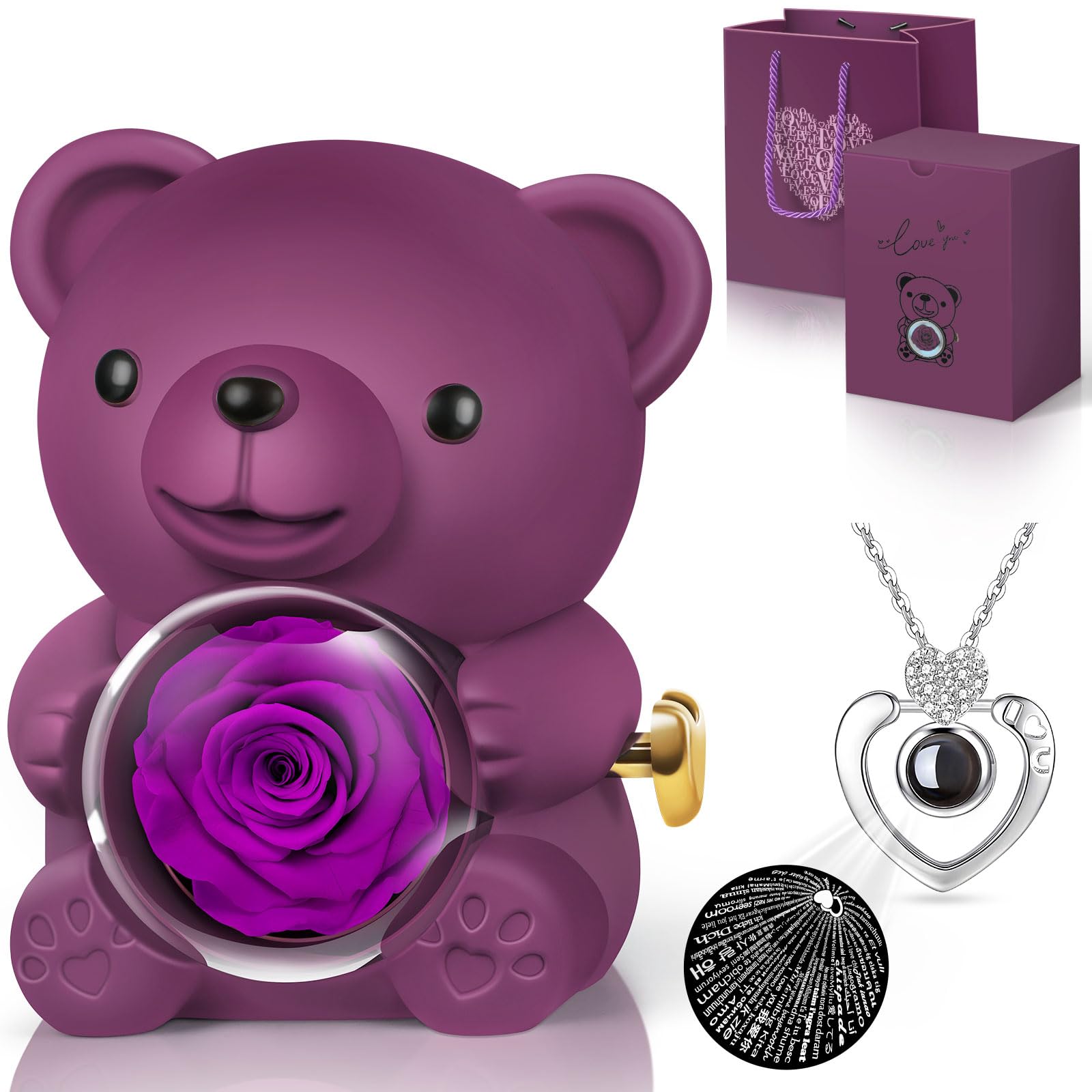 Hnustbo Rosa Eterna Stabilizzata con Collana I Love You, Rose Orso Originale Regalo per Donna Fidanzata Mamma Madre Nonna Moglie per San Valentino,Festa della Mamma,Compleanno,Natale