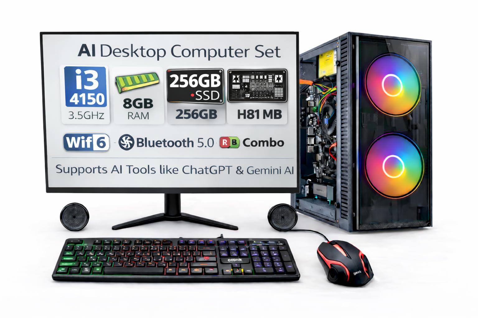 TECNICO 20" Full Desktop Set(CORE i3 4thGen/ 8GB/256GB SSD/20 New Monitor+Keyboard+Mouse+CPU+Speakers+WiFi/Windows 10 Pro