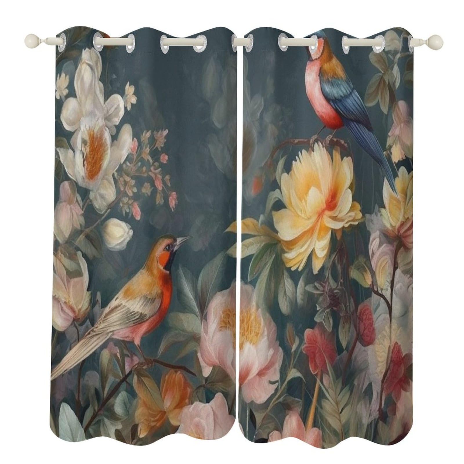 Rideaux occultants de salon isolants 132x183 motif oiseaux et fleurs de chambre