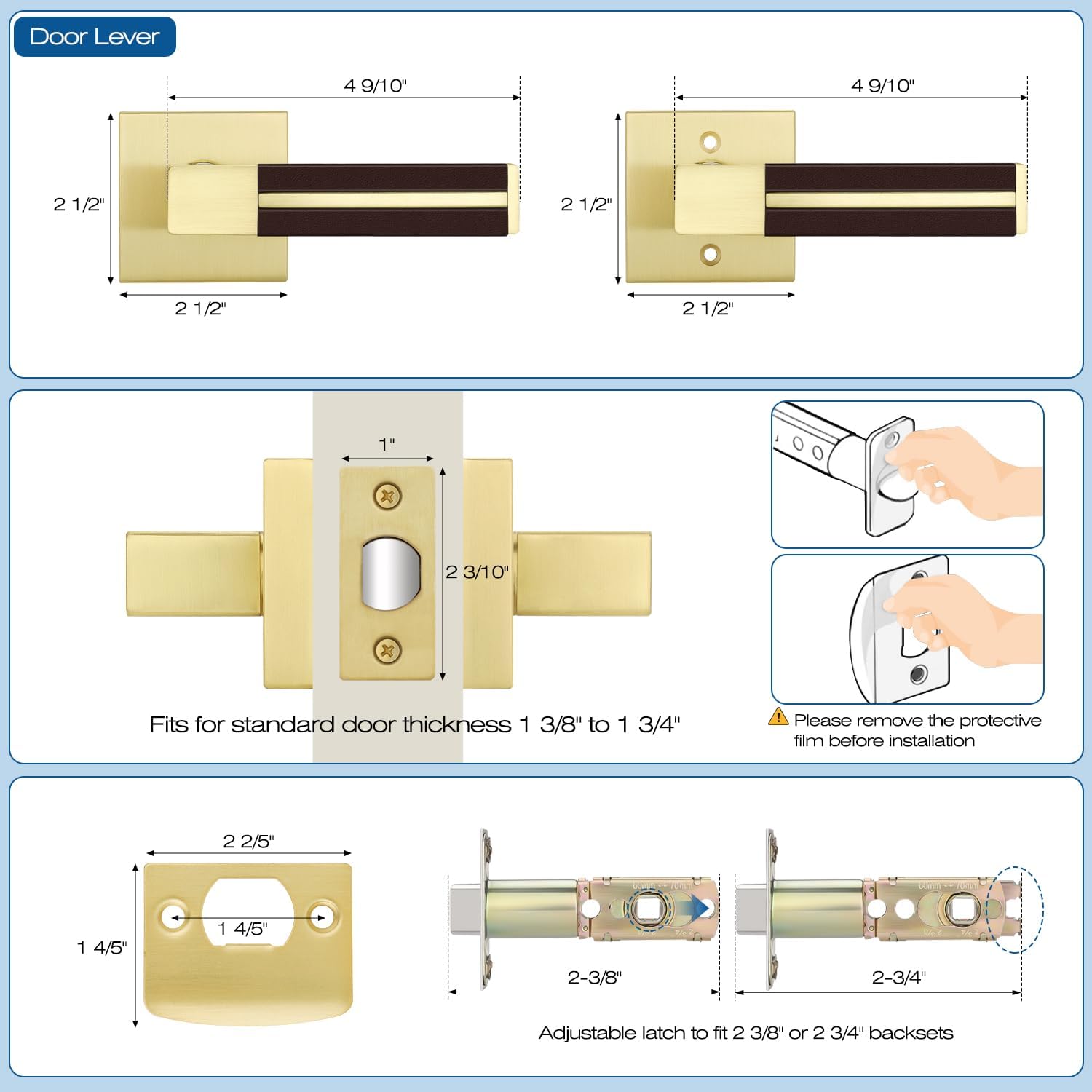 EHOMEWARE 3 Pack Gold Interior Door Handles Passage Door Levers for Hallway Closet, Solid Lever with Bronze Leather, Keyless Door Handle Set for Interior Unlocking Doors