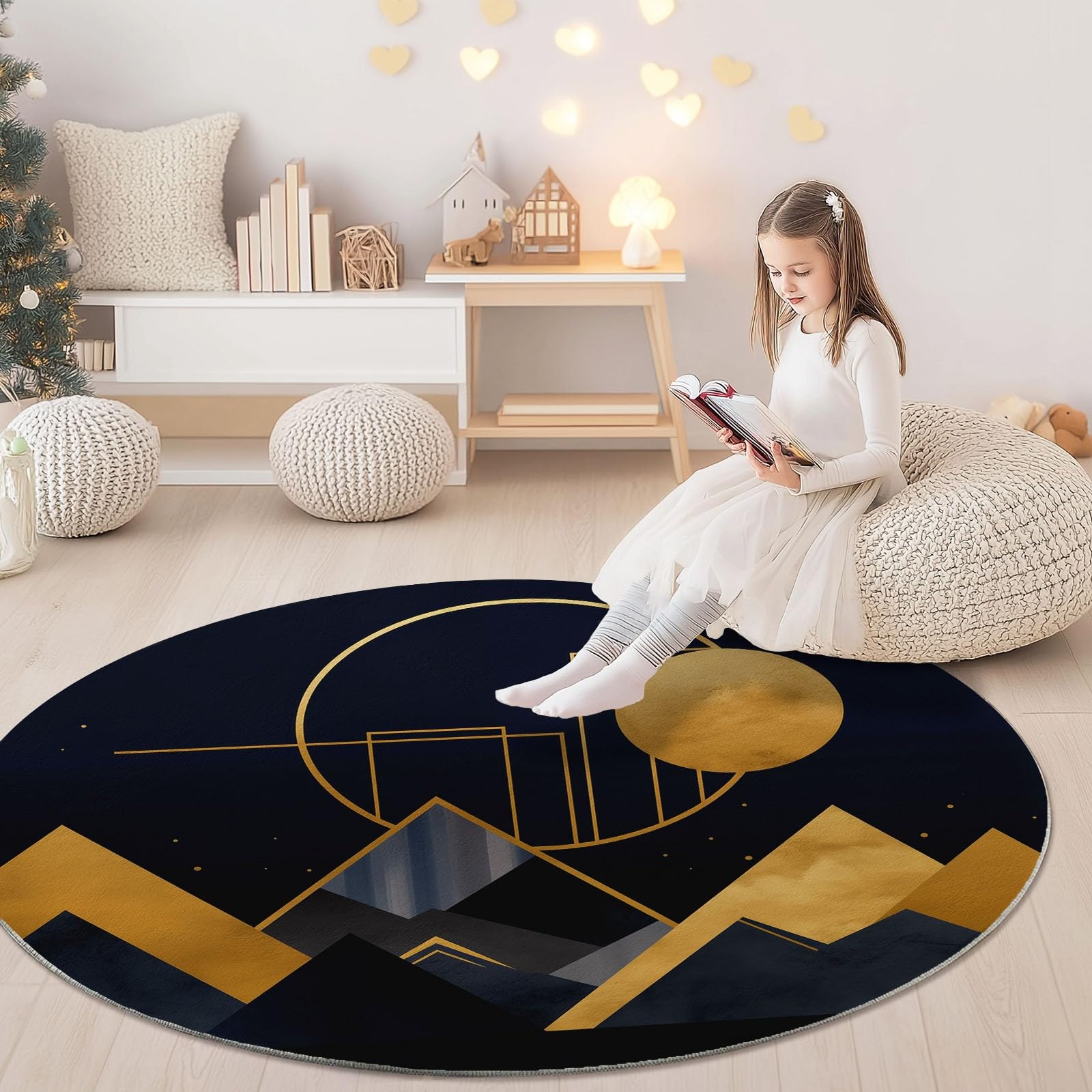 Tapis Rond en Flanelle Noir et Doré de 120 cm de Diamètre, Motif Géométrique de Lune et Triangles Abstraits, Tapis Décoratif à Poils Ras Doux et Antidérapant pour Salon Moderne, Chambre ou Balcon