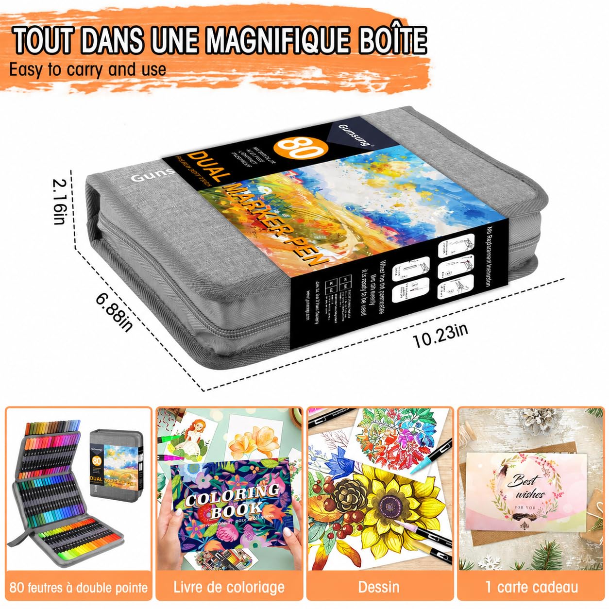 Gunsamg 80 Feutres Coloriage Adulte pour Dessiner, Manga, Doodling, Scrapbooking, Aquarelle Stylos Feutre Coloriage Enfants, Double Pointe Fine avec Livre de Coloriage et Cartes de Vœux