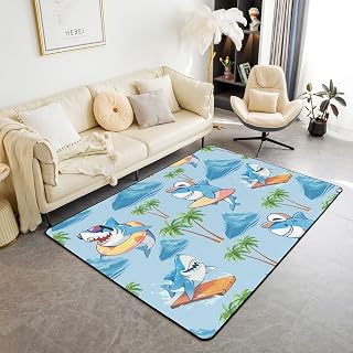 Surfer Shark Carpet,Surfboard Surf Surfing Area Rug 4'11" x 3'3" for Bedroom Living Room Playroom,Blue Ocean Shark Indoor Floor Mat Non Slip,Coastal Beach Theme Decorative Rug