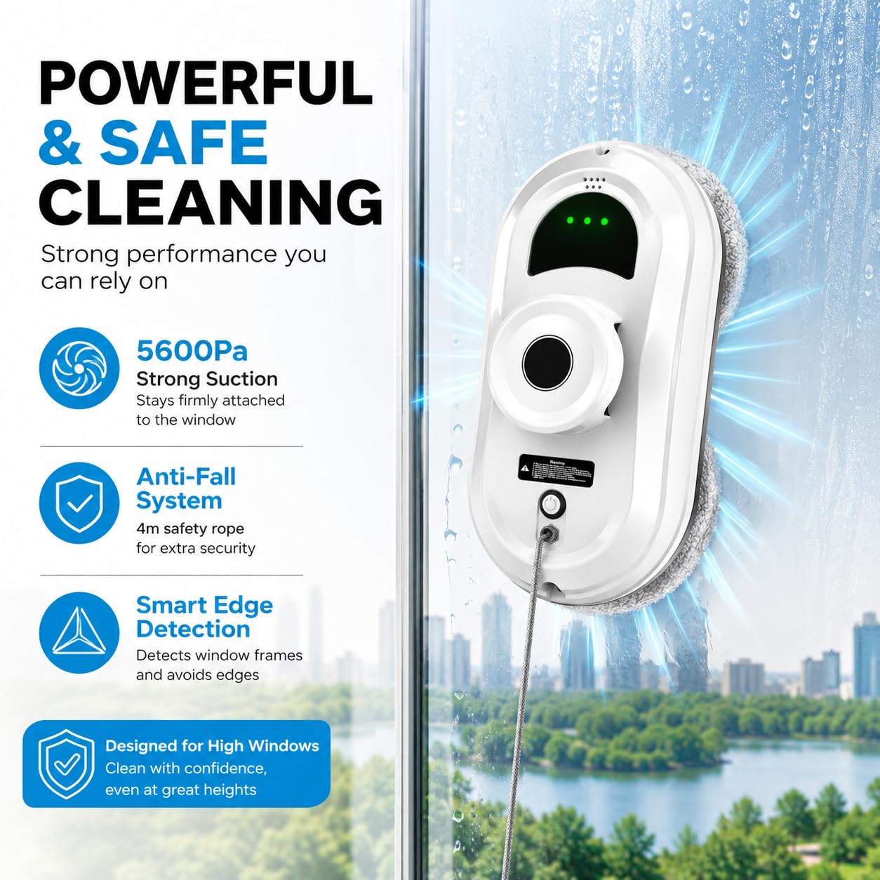 Robot limpiador de ventanas, succión de 5600 Pa, planificación inteligente de caminos, detección de bordes, sistema anticaídas, cuerda de seguridad de 4 m, ideal para ventanas altas, azulejos y