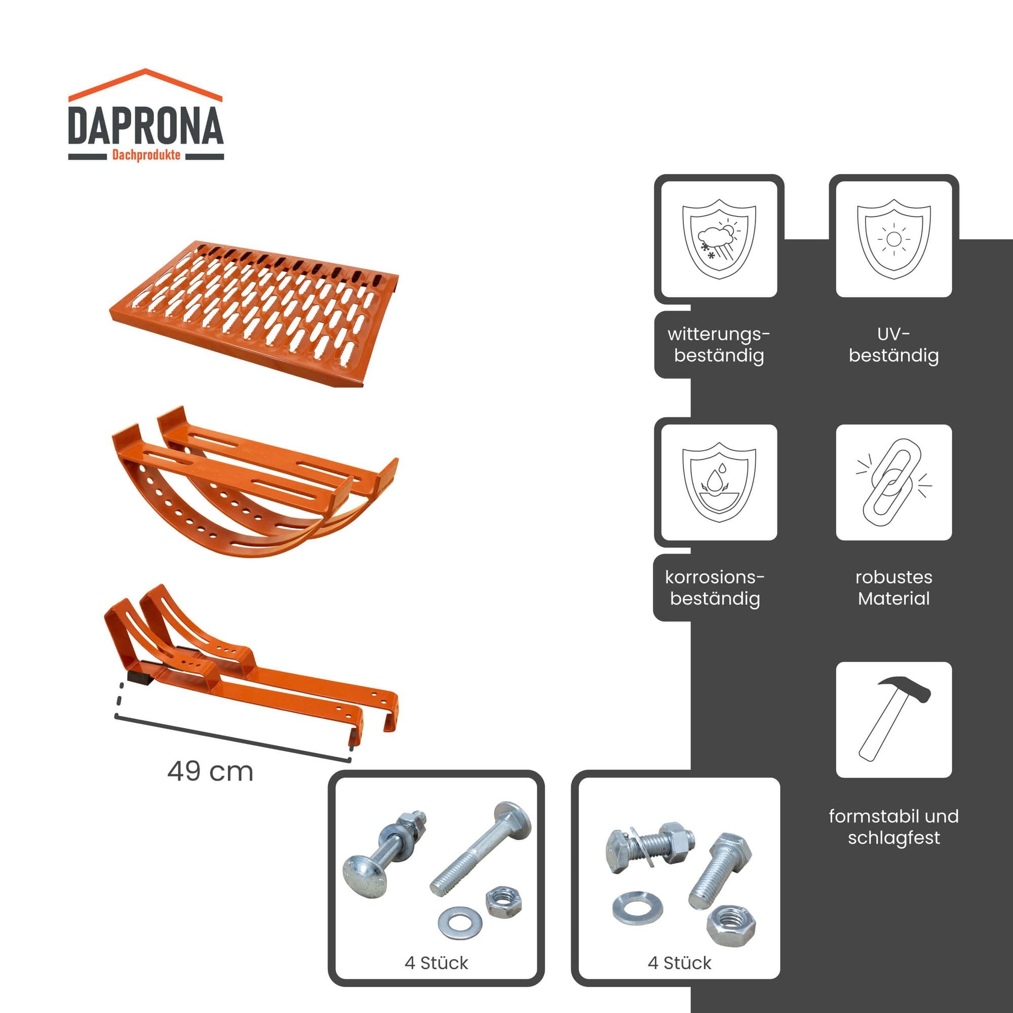 Laufrost Set für flache Dachziegel 60cm, Dachtritte für Schornsteinfeger Ziegelrot, inkl. Montagematerial für sichere Dachbegehung