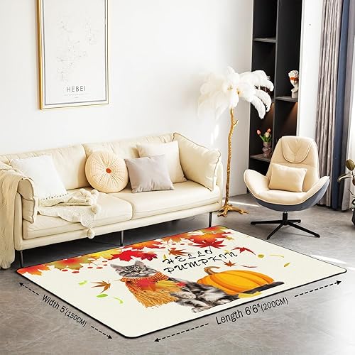 Miniatura 2 de Alfombra decorativa de otoño con diseño de calabaza y gato, alfombra de sala de estar, hojas de arce, para interiores, para niños, niños, niñas,