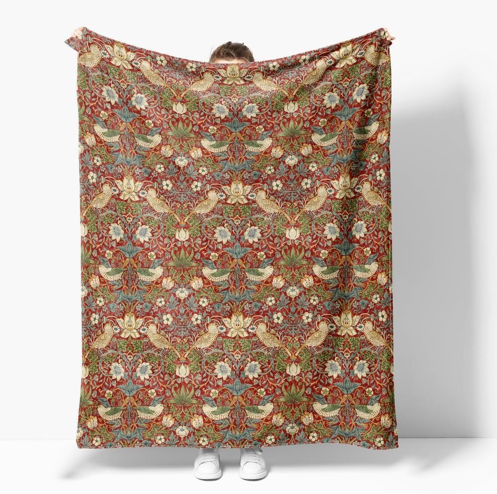 Fchen Art Boho Flower Bird Botanical Throw Blanket - Soft Flannel, Lightweight, Vintage Chic, All Seasons - Red/Green/Yellow, 125x150cm