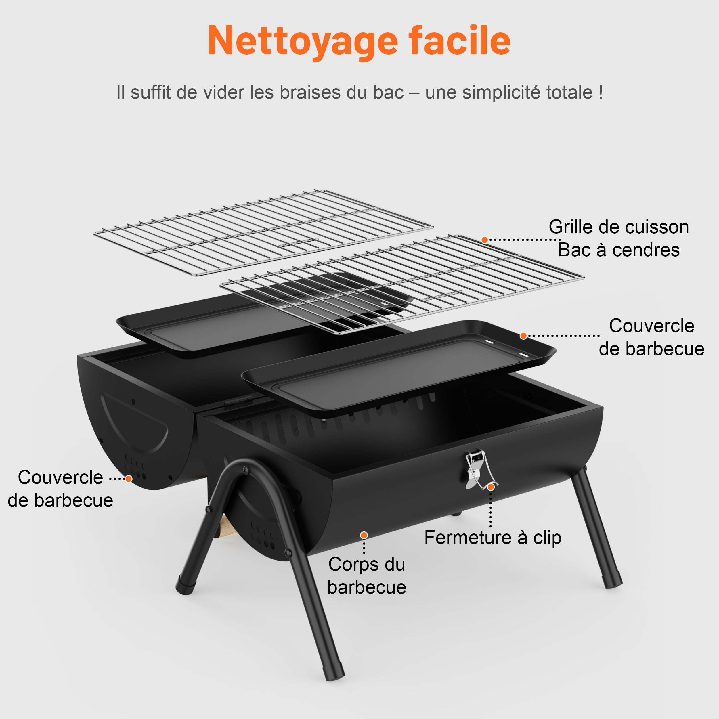 Barbecue Portable à Charbon de Bois, 2-en-1 Mini Barbecue de Table avec Grille Chromée, Poignée Froide et Verrou de Sécurité, Compact pour Camping, Jardin, Balcon