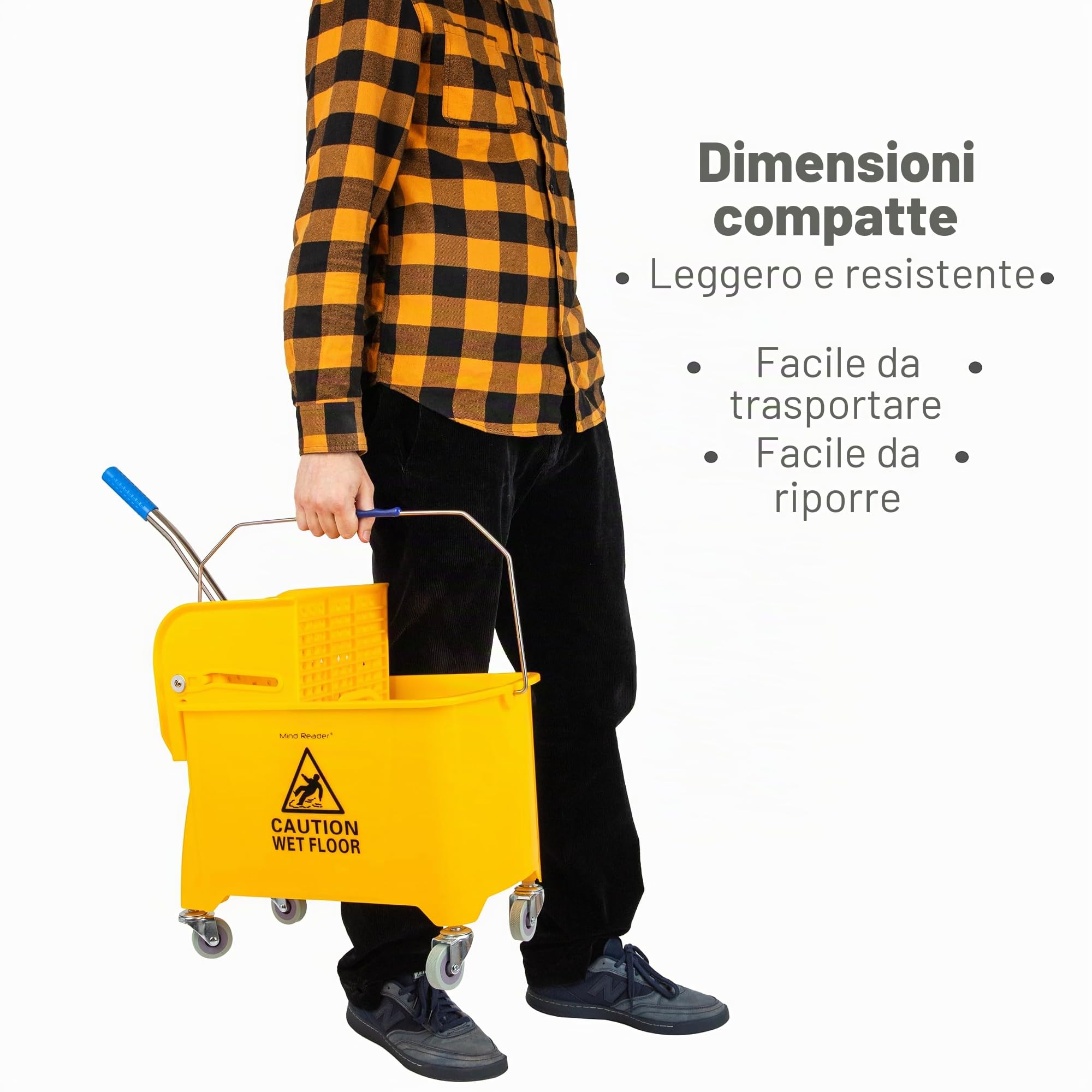 Mind Reader Secchio mobile per mocio resistente con strizzatore verso l'alto, capacità 22 litri, 41 cm di lunghezza x 27 cm di larghezza x 61 cm di altezza, giallo