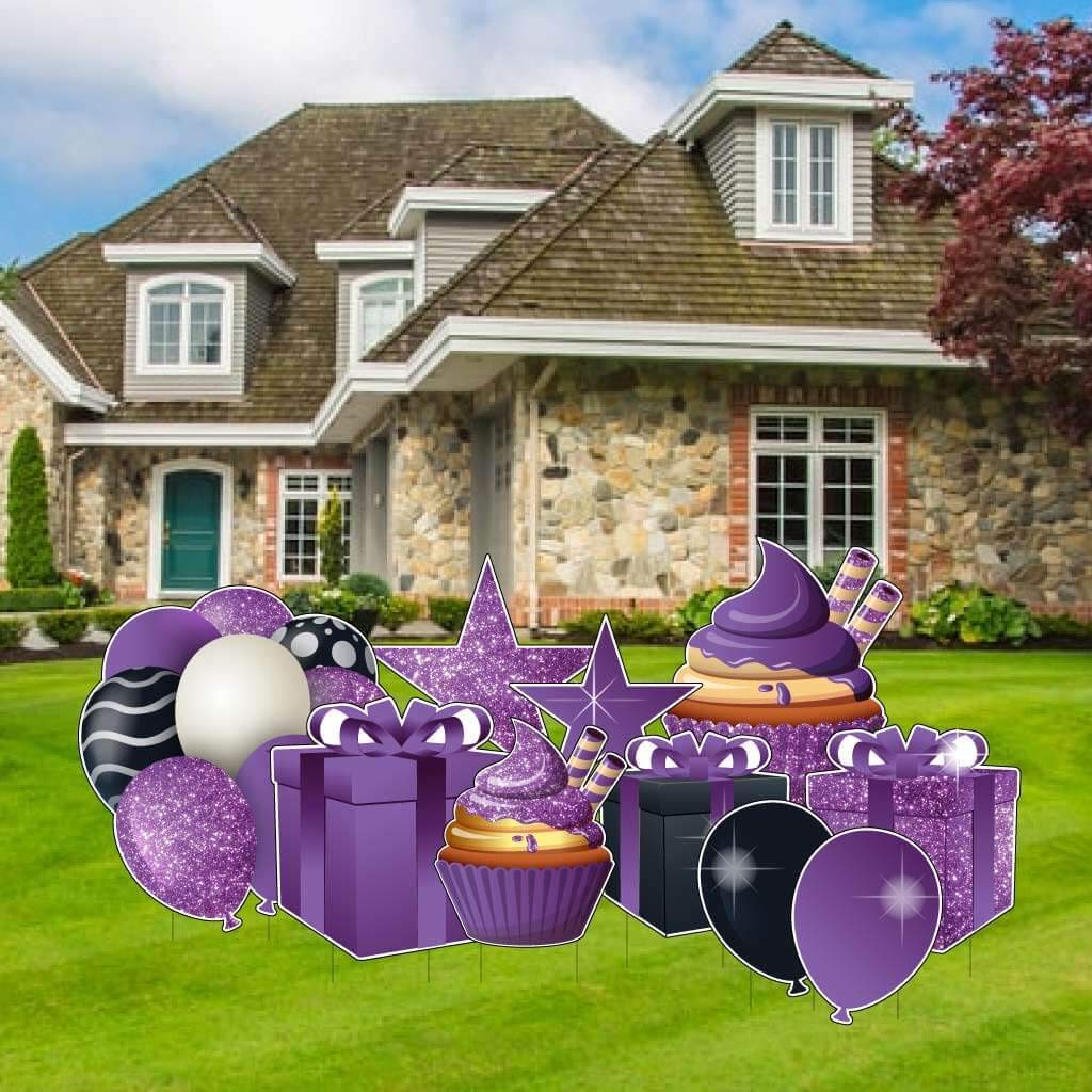 VictoryStore Birthday Decorations Set of 10 Sparkle Accessories Outdoor Package - Cupcake, Presents & Balloon Signs (Purple)