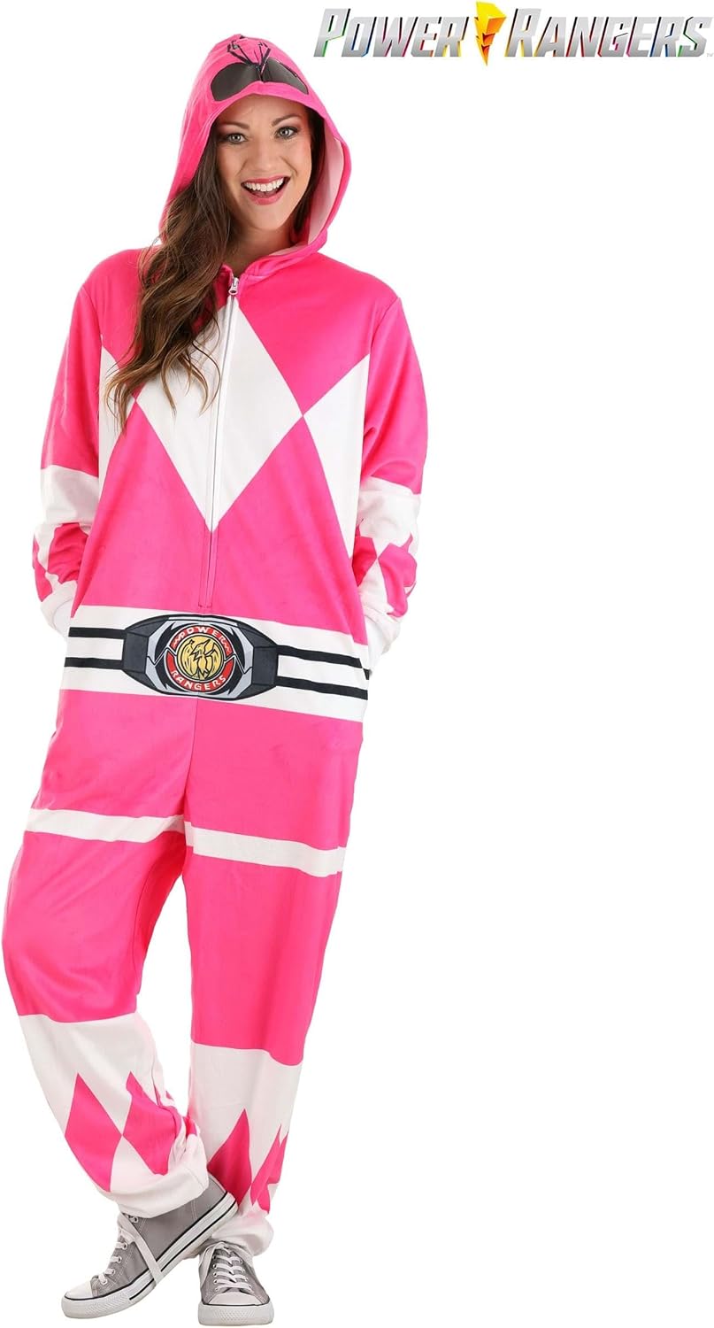 Power Rangers Pink Ranger Hooded Union Suit for Adults - Plush Union Suit with Pockets
