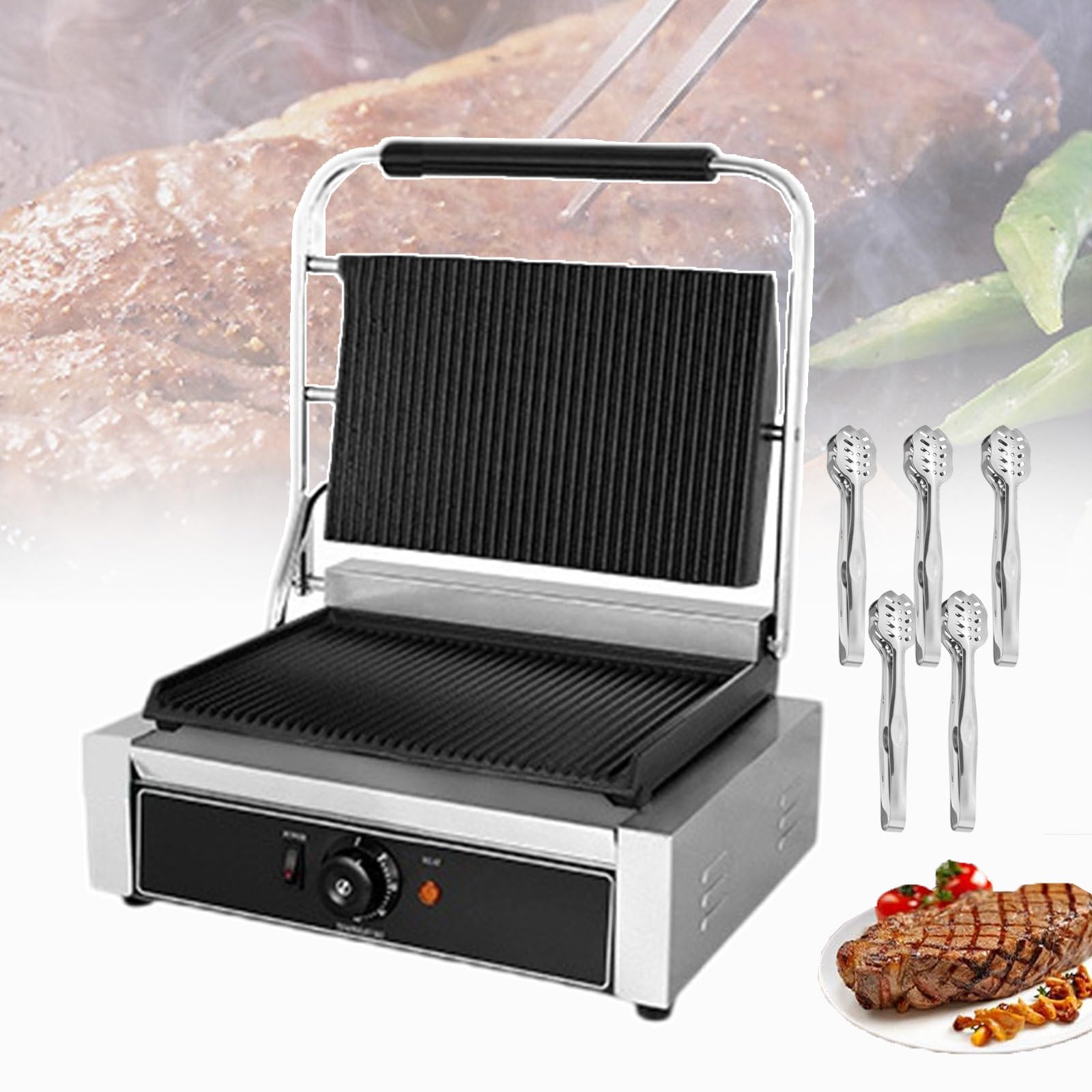 Electric Sandwich Press Grill + 5 BBQ szczypce, komercyjne kanapki głębokie napełnienie tostów z powłoką nieprzywierającą (2200W)