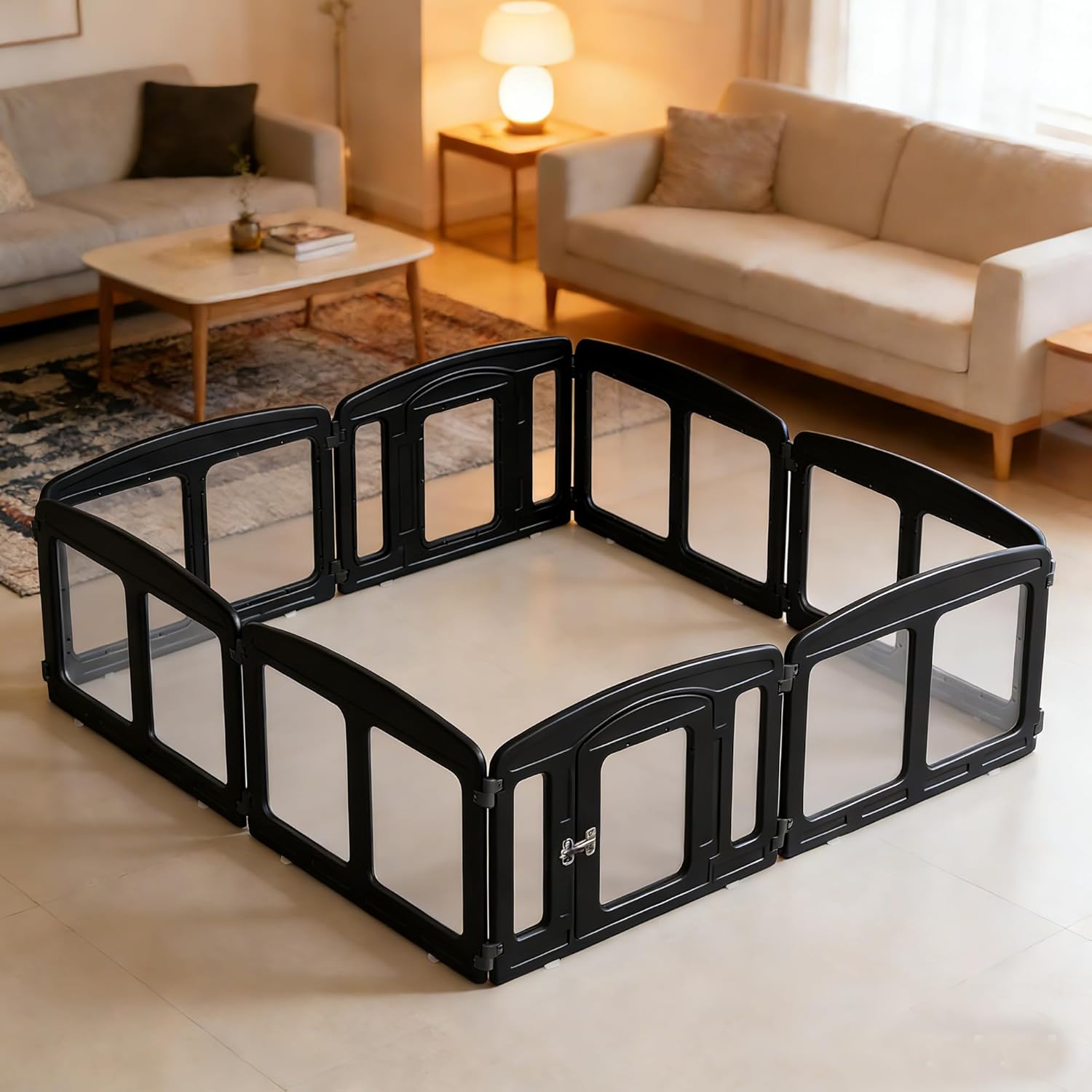 Clear Puppy Playpen Indoor - Height 24 Inch, 8 Panels - Indoor Portable Clear Dog Playpen with Door, Black