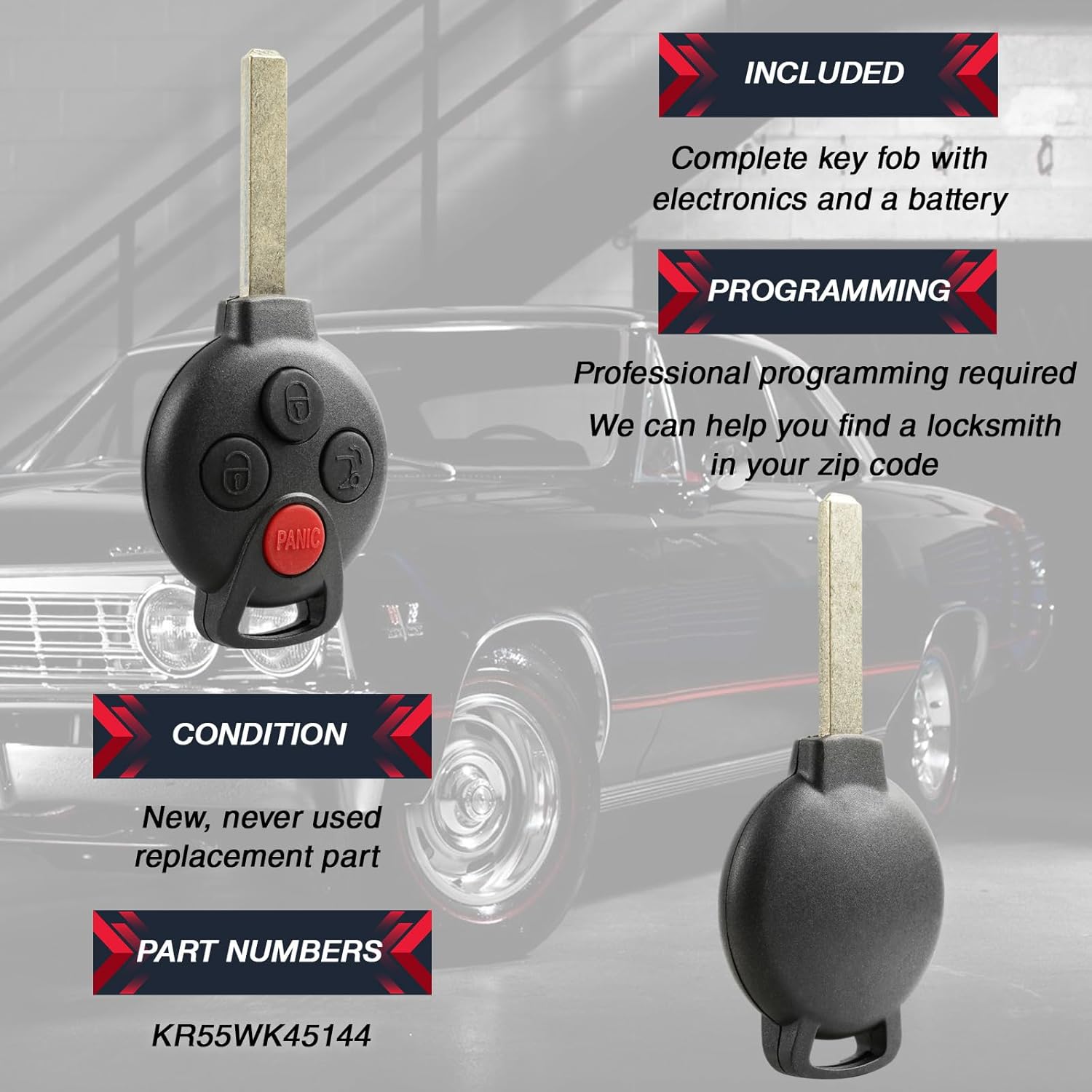 Key fits 2005-2016 Smart Fortwo Keyless Entry Remote (KR55WK45144) 2-Pack