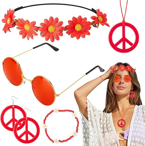 Juego de 6 accesorios de disfraz hippie de los años 60 y 70, gafas hippie retro de los años 60 y 70, aretes y collar, banda para el pelo de girasol