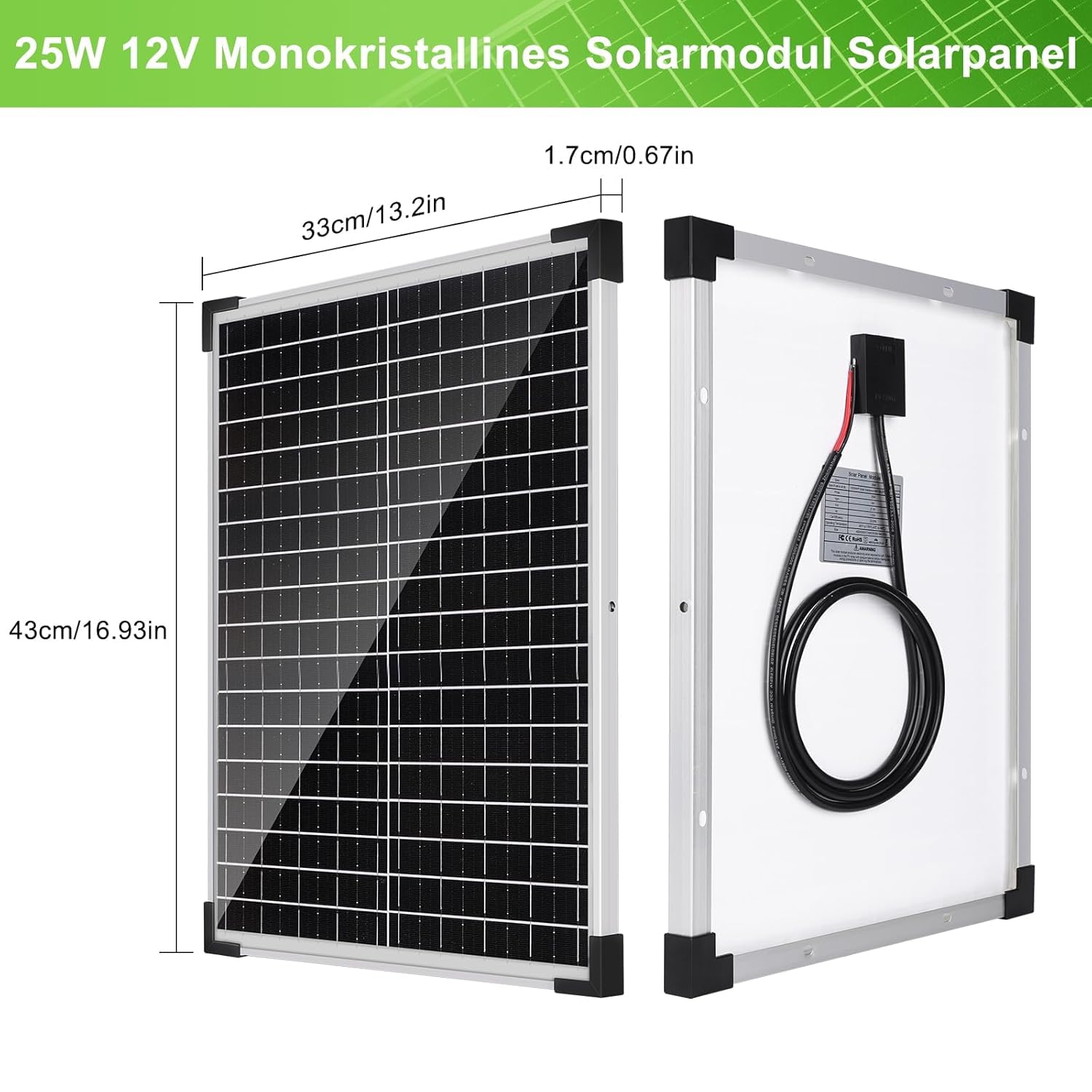 Kit de Panneau Solaire 50 W 12 V : Panneau Solaire Photovoltaïque Monocristallin de 2x25W avec Régulateur de Charge de 10 A, 2 Pièces d'extension et 2 Pinces crocodiles pour Camping, Caravane
