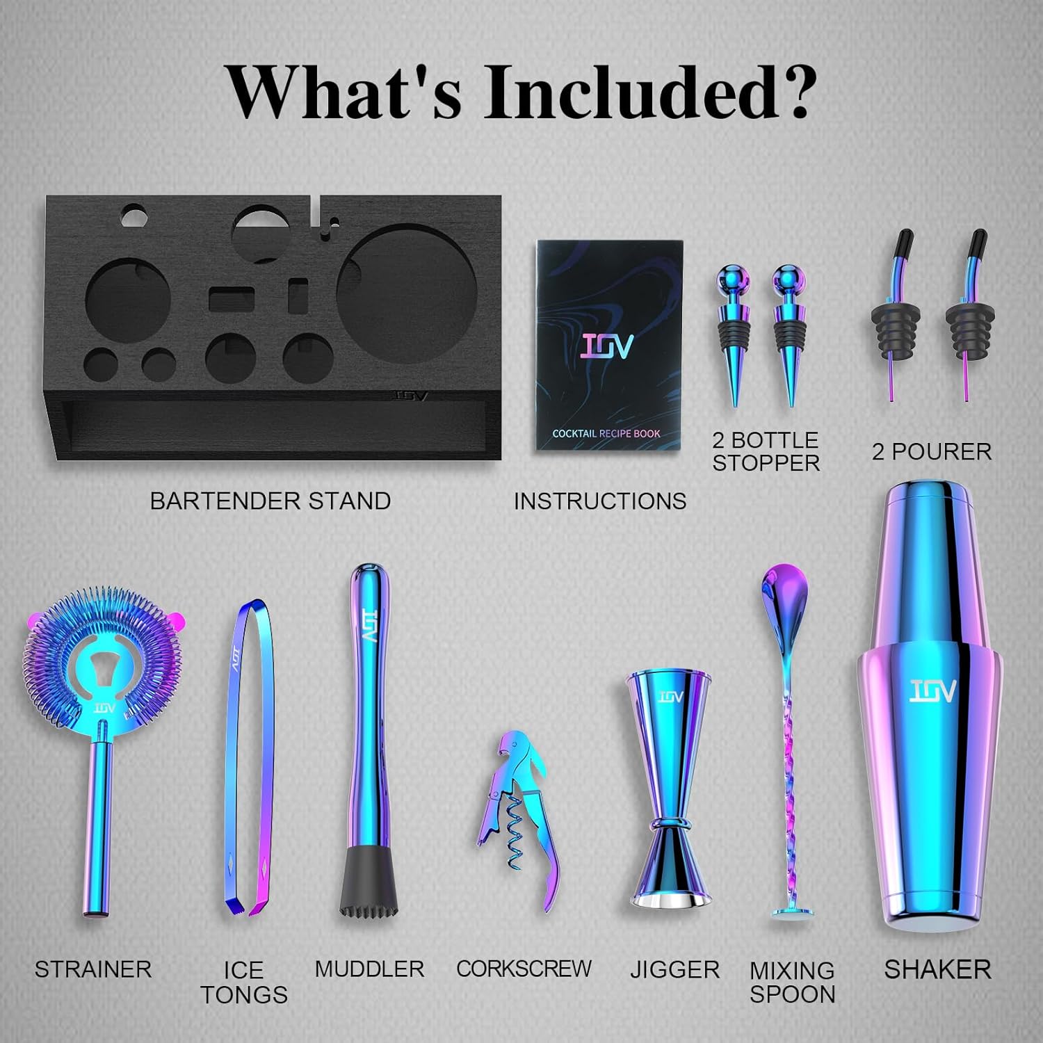 IOV Cocktail Shaker Set: 12-Piece Mixology Bartender Kit Bar Set | 18oz & 28oz Boston Shaker Drink Mixing Tools for Home with Recipe Booklet and Stand | Fun Housewarming Gift (Rainbow) - Image 2