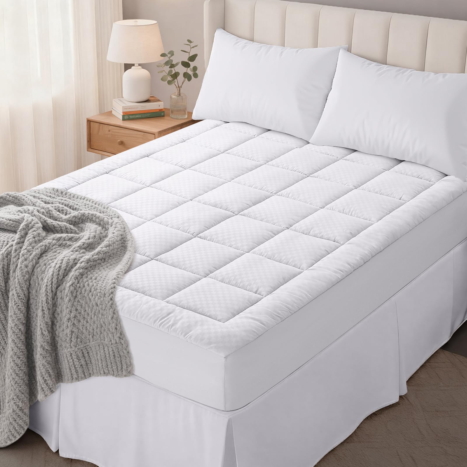 olanly queen quilted fitted mattress pad – soft pillow top mattress topper, down alternative fill, cooling comfort breathable mattress cover, machine washable deep pocket mattress protector, white