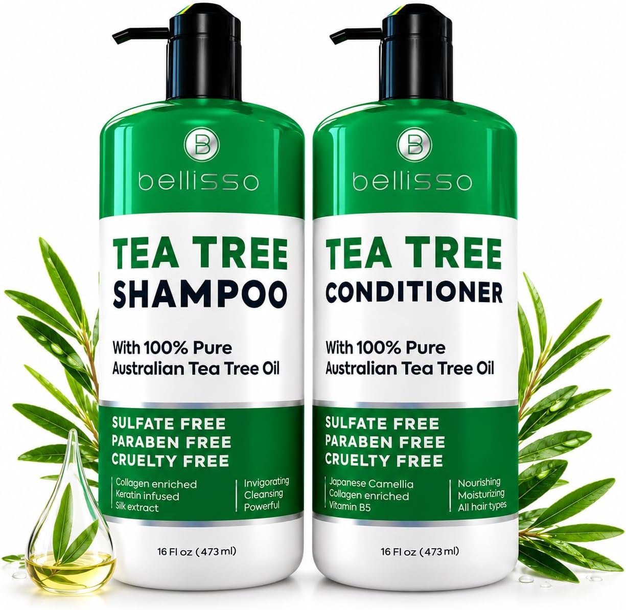 Tea Tree Shampoo and Conditioner Set – with 100% Pure Australian Tea Tree Oil - Anti Dandruff Sulfate and Paraben Free - Dry Scalp Treatment with Keratin, Vitamin B5, Collagen for Women and Men