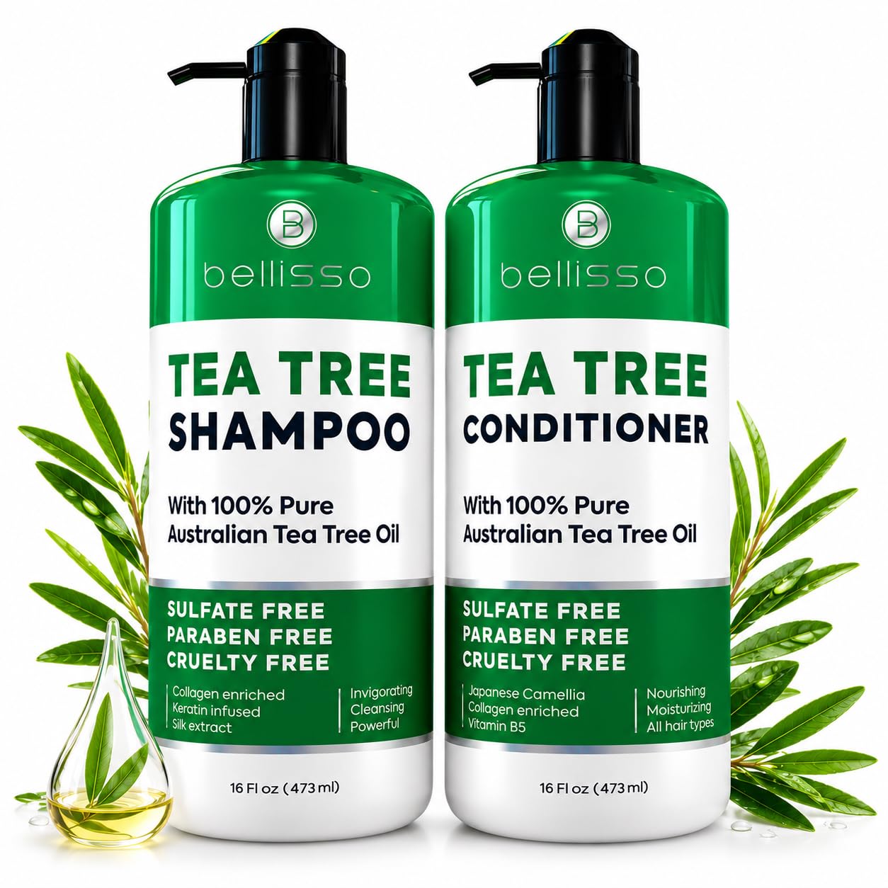 Tea Tree Shampoo and Conditioner Set – with 100% Pure Australian Tea Tree Oil - Anti Dandruff Sulfate and Paraben Free - Dry Scalp Treatment with Keratin, Vitamin B5, Collagen for Women and Men
