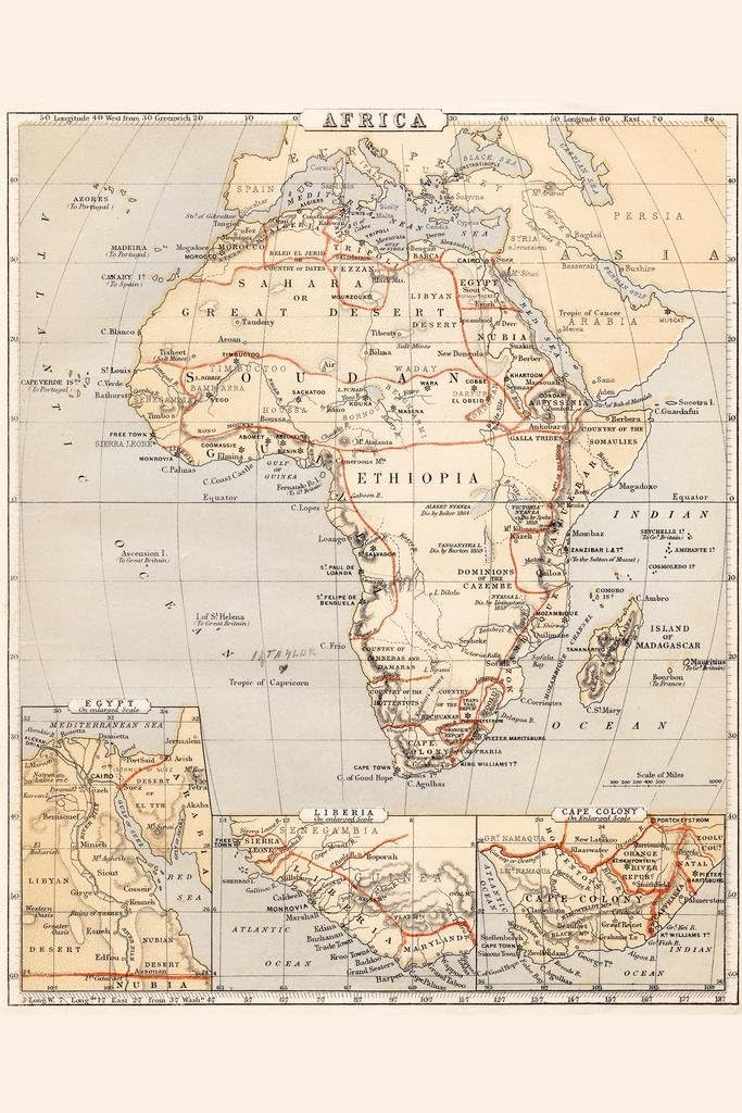 Africa Vintage Antique Style Travel World Map with Cities in Detail Map Posters for Wall Map Art Wall Decor Geographical Illustration Tourist Travel Destinations Cool Wall Art Print Poster 24x36