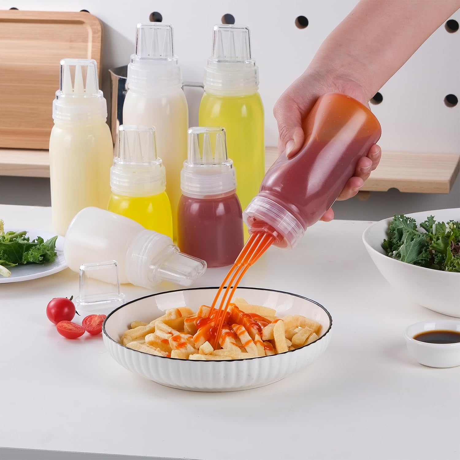 6 pack 3-Hole Nozzle Plastic Squeeze Bottles for Sauces, Condiment Squeeze Bottles with Caps, Small Salad Dressing Bottle, Ketchup Bottles Squeeze – 6oz