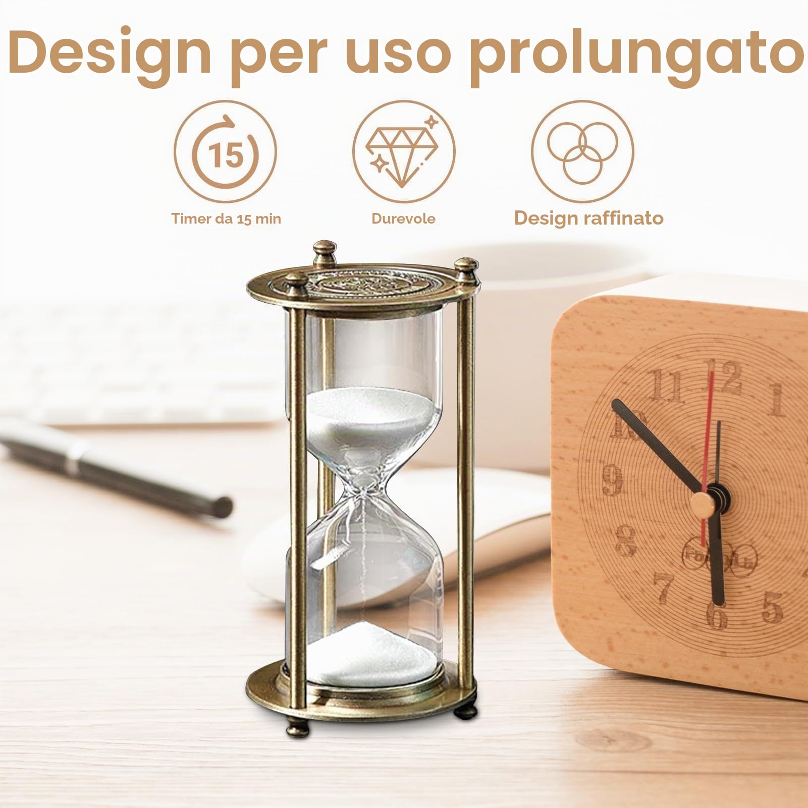 Clessidra 15 Minuti, Timer a Clessidra Riempibile Con Cornice in Ottone, Sabbia Timer Orologio Ornamento per La Casa, Conto Alla Rovescia Clessidra Design Timer Da Cucina per Scrivania, Ufficio(M)