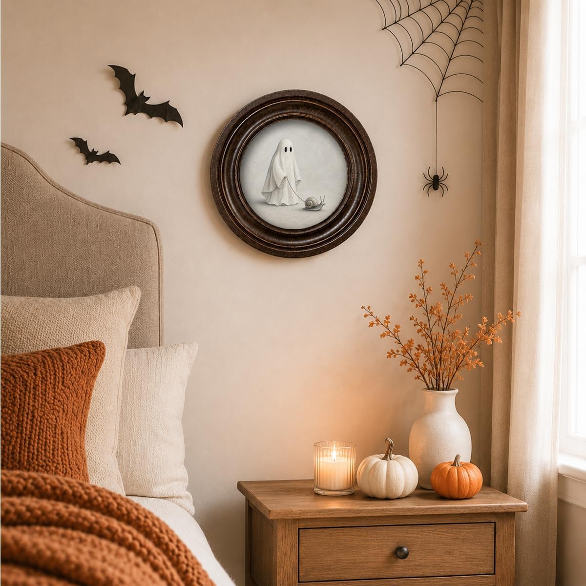 DNALWND Ghost Walking Snail Round Wall Art, Whimsical Halloween Decor