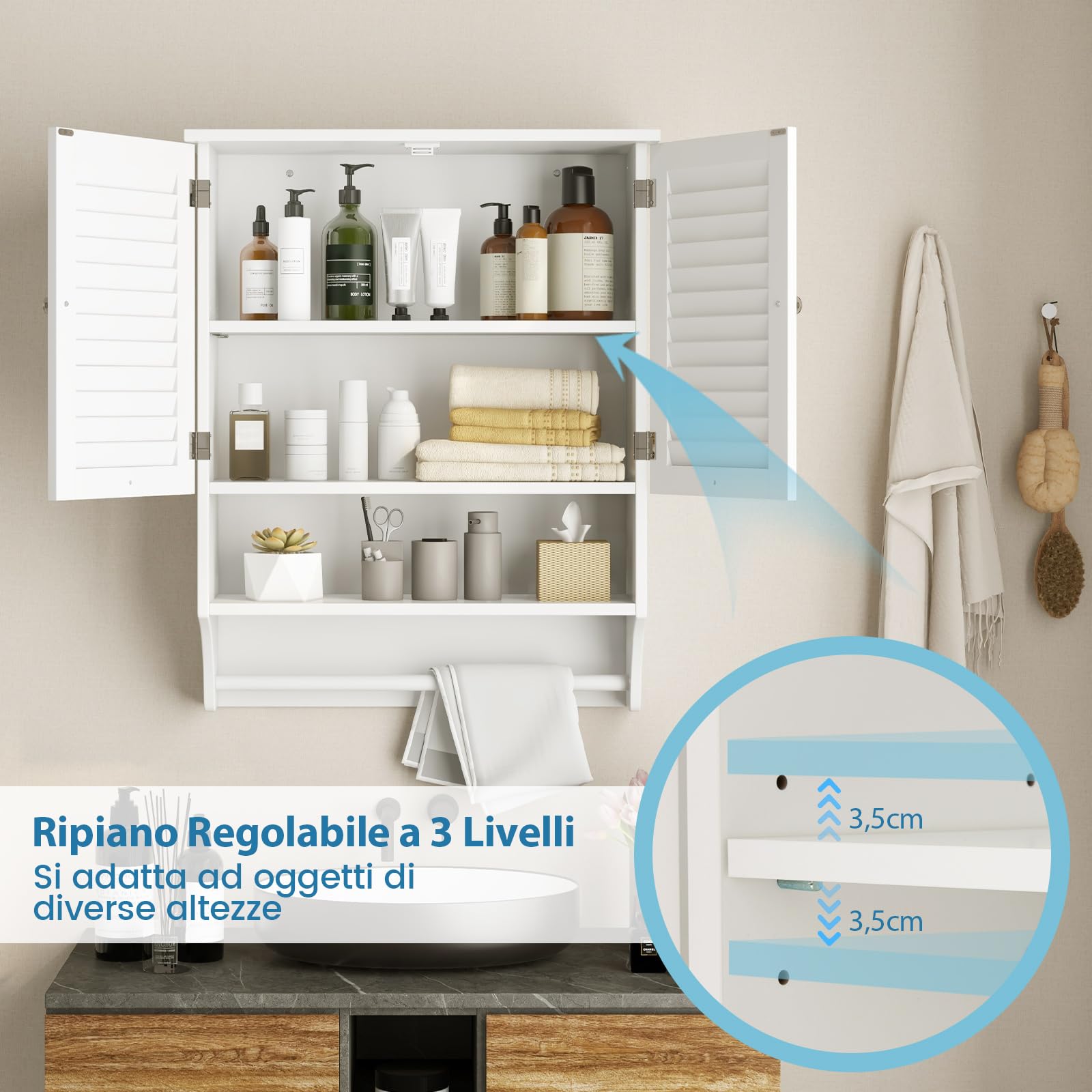 COSTWAY Armadietto da Bagno Sospeso, Armadietto da Parete con 2 Ante, con Ripiano Regolabile in 3 Posizioni e Barra Porta Asciugamani, 60x22x75 cm (Bianco)