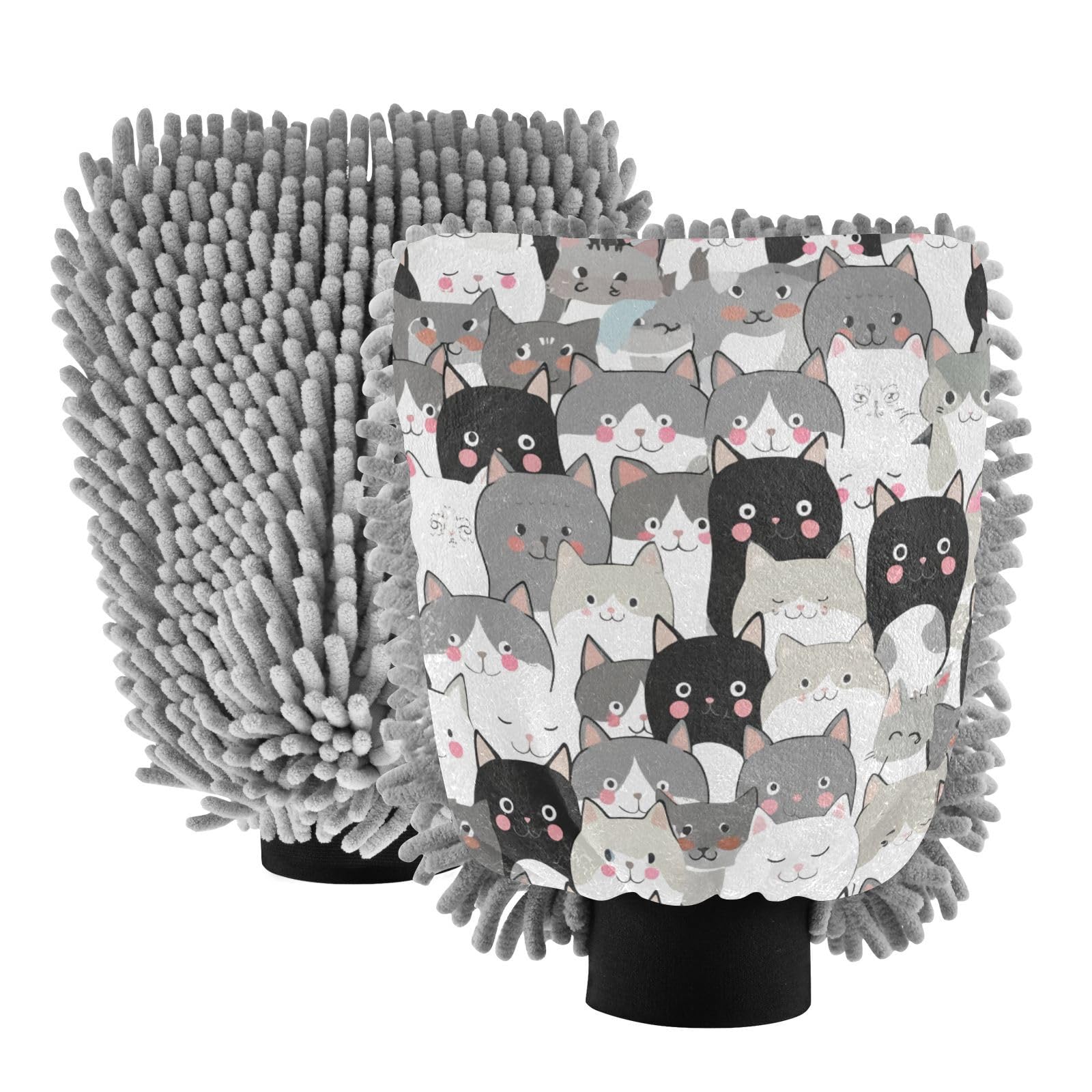 Kigai Cute Cartoon Cat Car Wash Mitt Microfiber, 2Pcs Scratch Free Lint-Free, Premium Chenille Microfiber Mitt Car Wash Brush-L