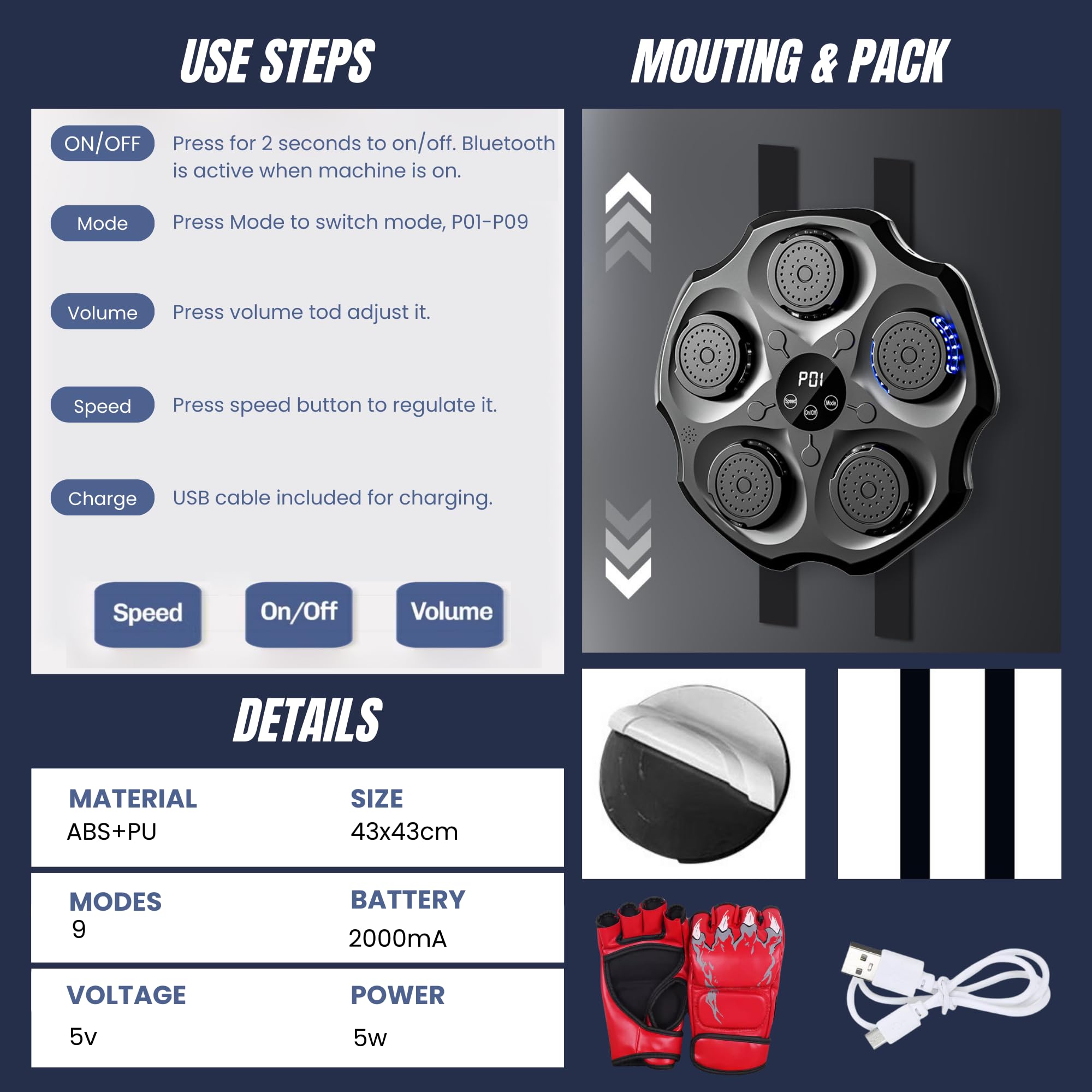 MAGIC SELECT Máquina de Boxeo Musical, Equipo De Entrenamiento De Boxeo para Pared de Poliuretano, Almohadilla De Boxeo con LED con Guantes de Boxeo, Bluetooth, Luces al Ritmo de la Música.
