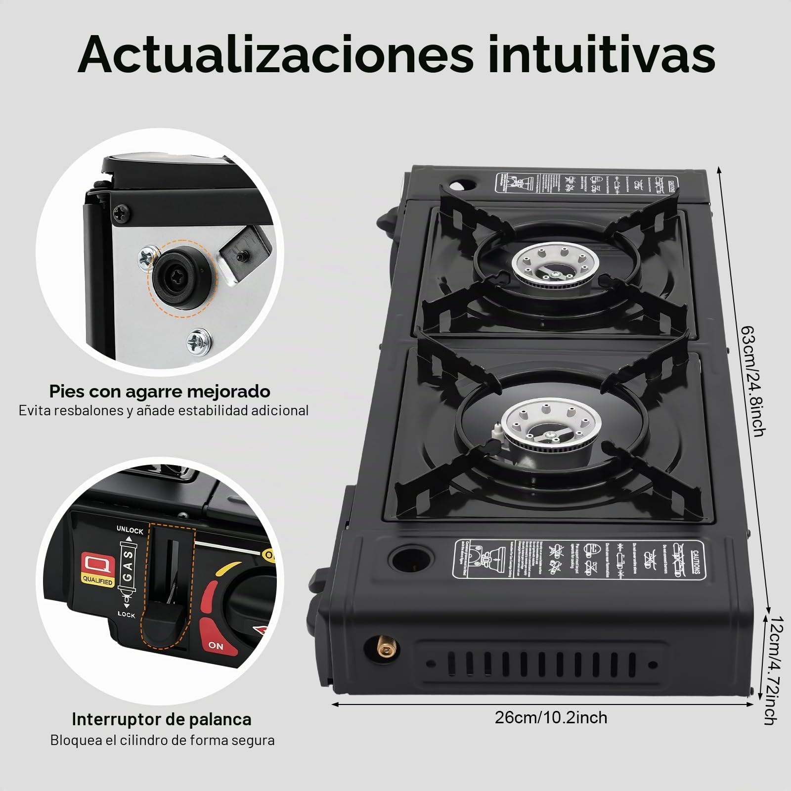 Hornillo de gas de camping de 2 fuegos, butano con almacenamiento, estufa de camping portátil, con encendido piezoeléctrico automático, quemador de camping LPG para autocaravanas, apartamentos,