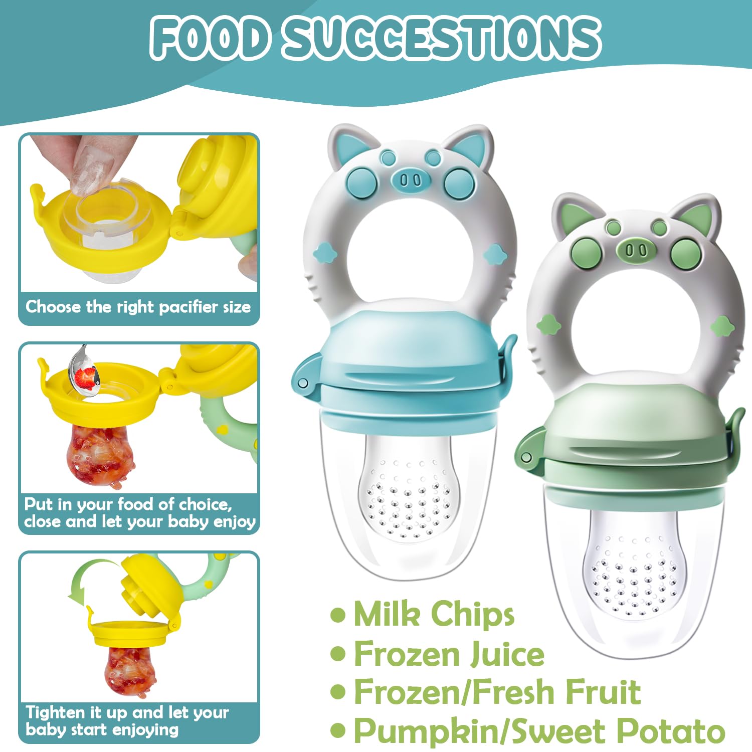 Ciuccio per Alimenti Neonati-2 Pezzi per Frutta Chicco con 8 Ciuccio in Silicone(3 Taglie Differenti)- per Alleviare il Dolore allo Tempo