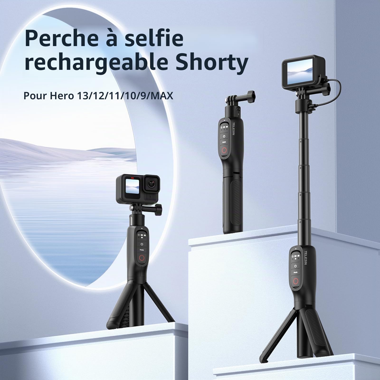 TELESIN° Trépied d'extension Rechargeable pour Perche à Selfie avec Batterie 5000 mAh et télécommande pour GoPro Max Hero 13 12 11 10 9, trépied de Batterie de Grande capacité pour Go Pro