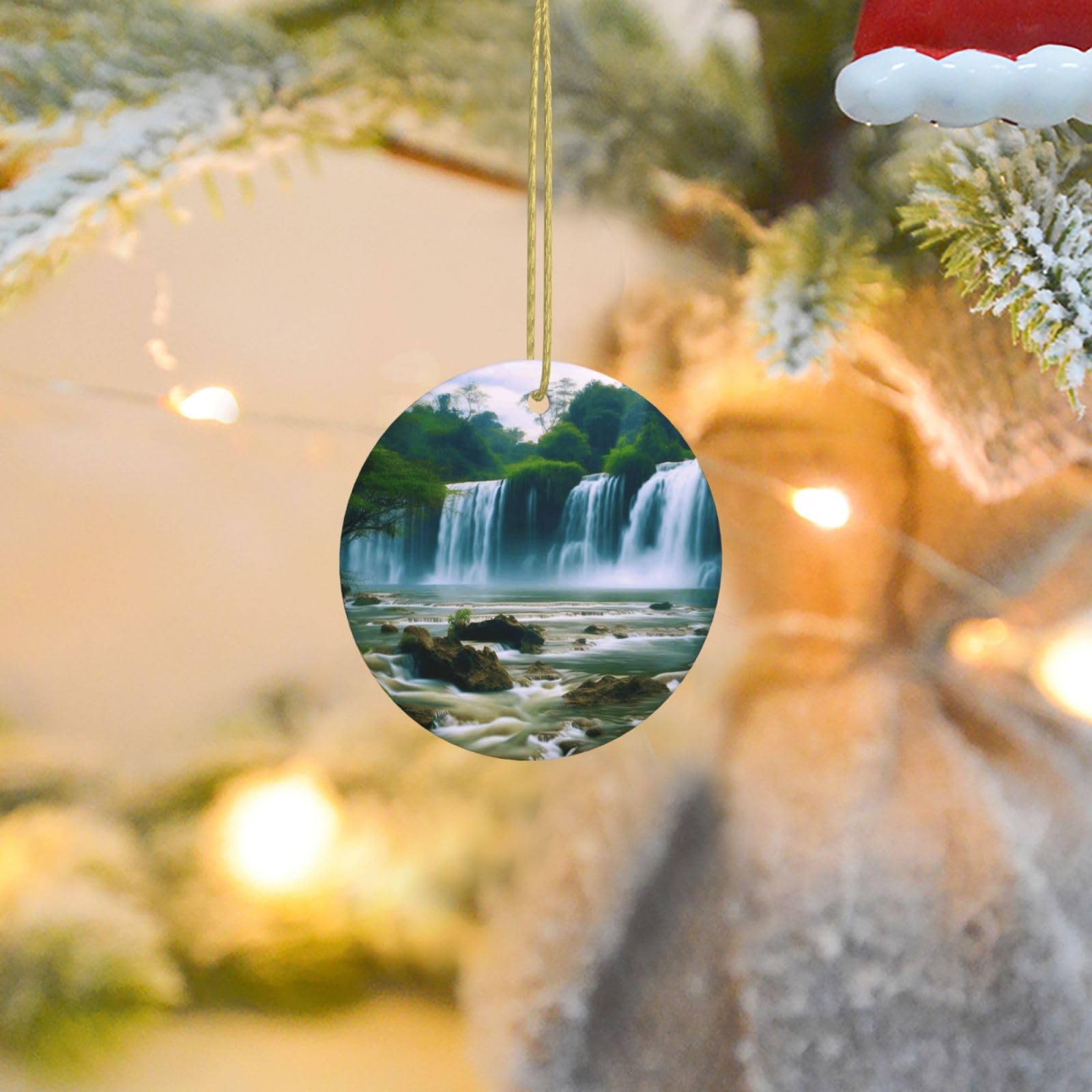 Christmas Ornaments for Christmas Tree Decoration Ceramic Hanging Waterfall Scenery Ornament with Gold Ribbon Crafts Round Pendant for Keepsake Gifts Glass Xmas Decor Party Supplies