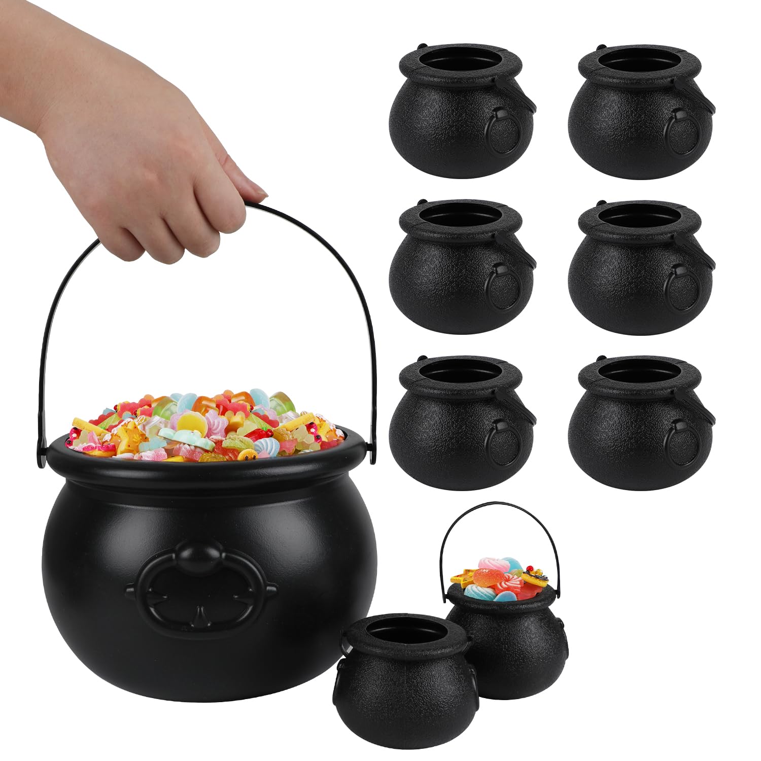 DIYASY Black Candy Cauldron, 8 Mini & 1 Large 7.7" Plastic Kettles Buckets with Handle Witch Cauldron Pot for Kids Halloween St. Patrick's Party Favors