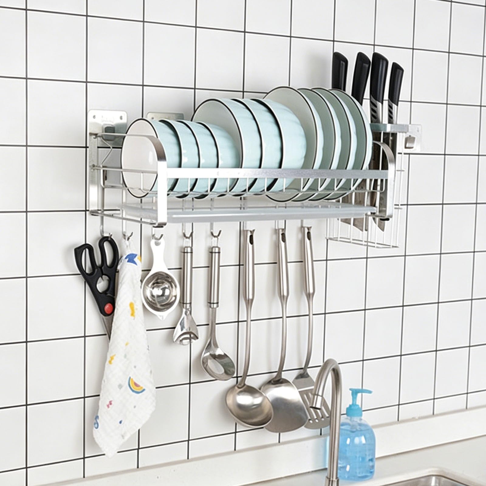 Abtropfgestell aus Edelstahl, zur Wandmontage, platzsparendes Abtropfgestell mit Auffangschale, zum Aufhängen von Geschirr zum Trocknen von Küchen, perfekt für den Waschbeckenbereich