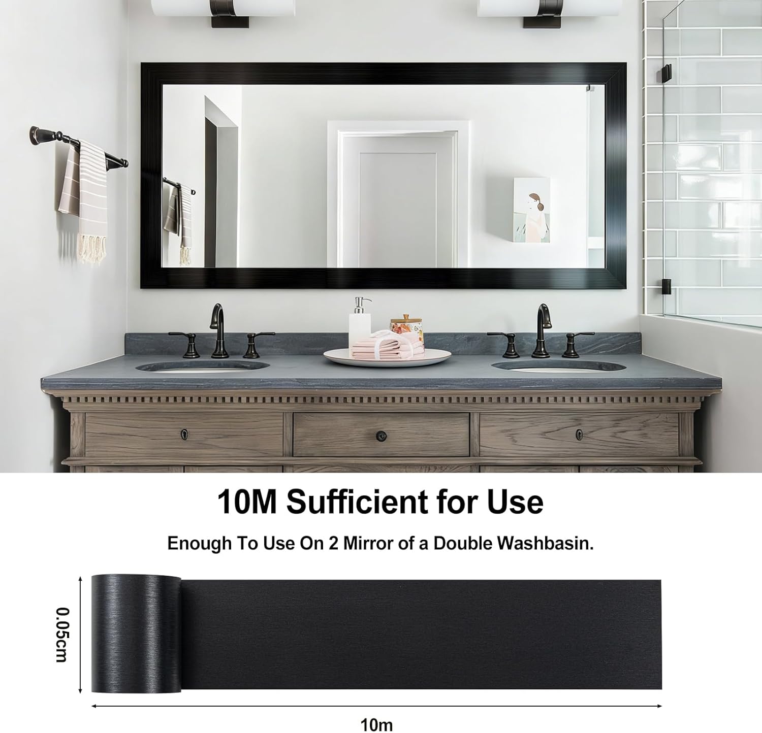 Alened Black Mirror Frame Border Peel and Stick Wallpaper, Mirror Tape Border Trim Removable Waterproor Wall Decor, Self Adhesive Bathroom Sticker 2" x 393"