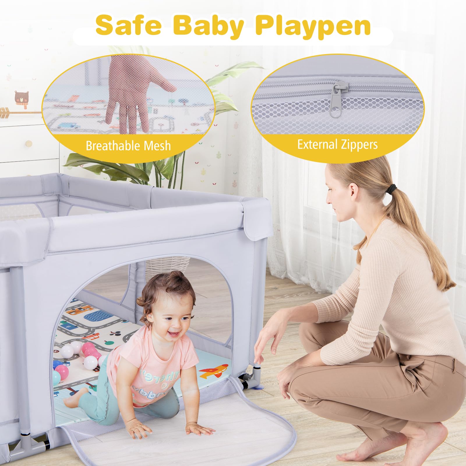 COSTWAY Laufstall Baby faltbar mit Matratze 189 x 158 cm, Laufgitter mit 50 Spielbällen & 4 Griffe, Krabbelgitter Laufgitterzelt mit atmungsaktivem Netz für Kleinkinder (Hellgrau)
