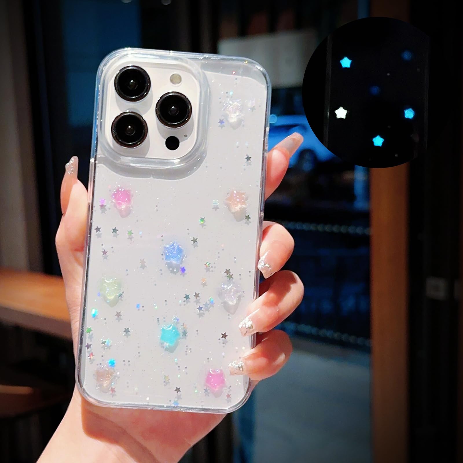 VALRION Compatible with iPhone 16 Pro Max 3D Luminous Stars Phone Case Glow in The Dark Noctilucent Bling Case for Women Girly Soft Slim TPU