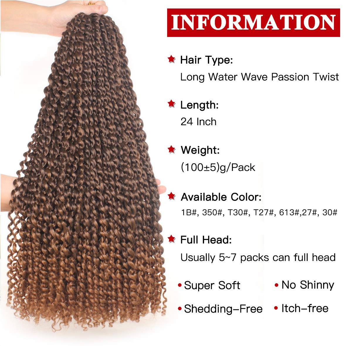 Xtrend 24 pouces Passion Twist Hair Ombre 7 Packs Water Wave Crochet Hair pour Long Passion Twist Crochet Hair Long Bohème Tressage Extensions de cheveux 18 brins/pack T30#