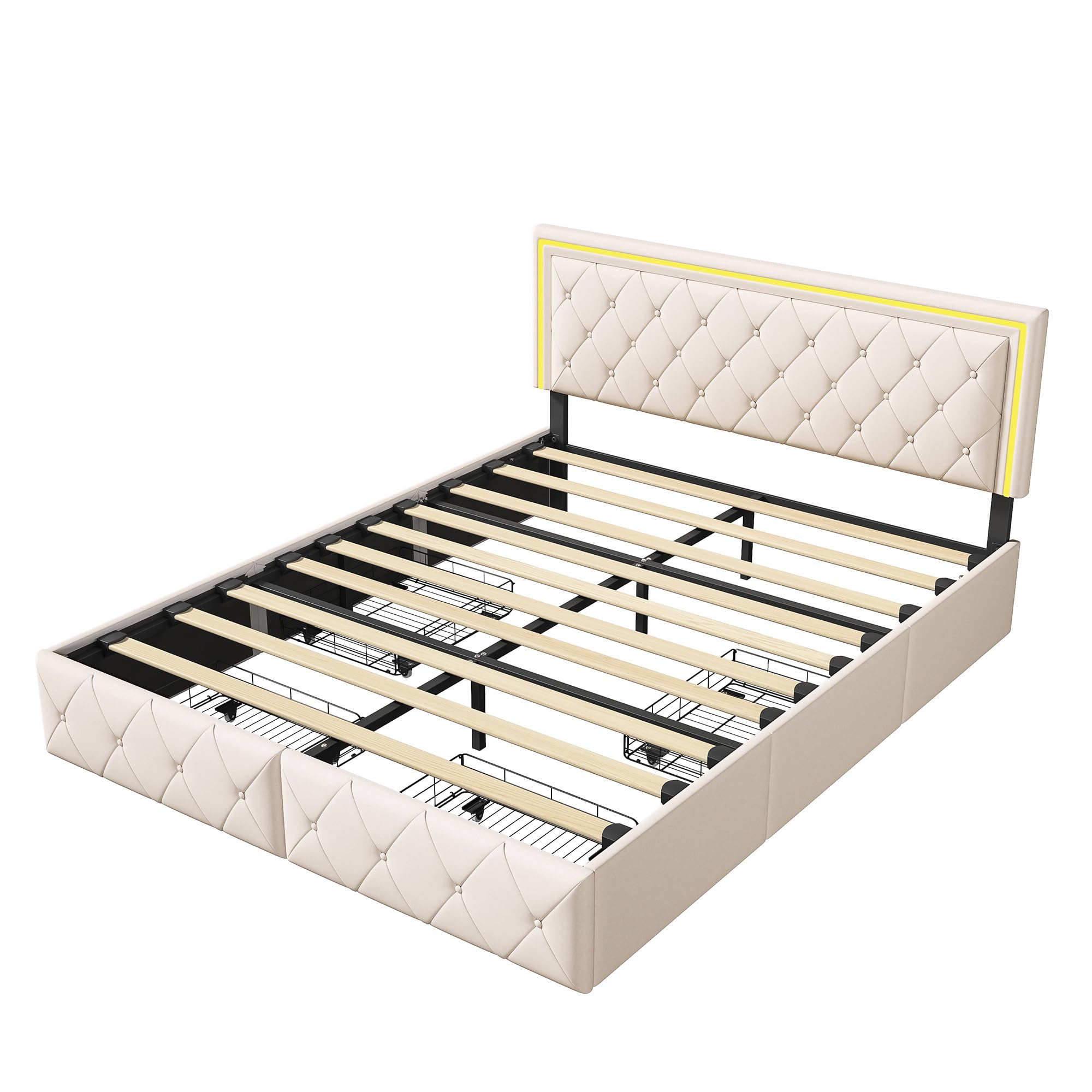 Cama doble tapizada, 160 x 200 cm - Diseño innovador, Cama de almacenamiento con 4 cajones de almacenamiento, cama para adultos con somier de listones, sin colchón, PU(blanquecino, 160 x 200 cm)