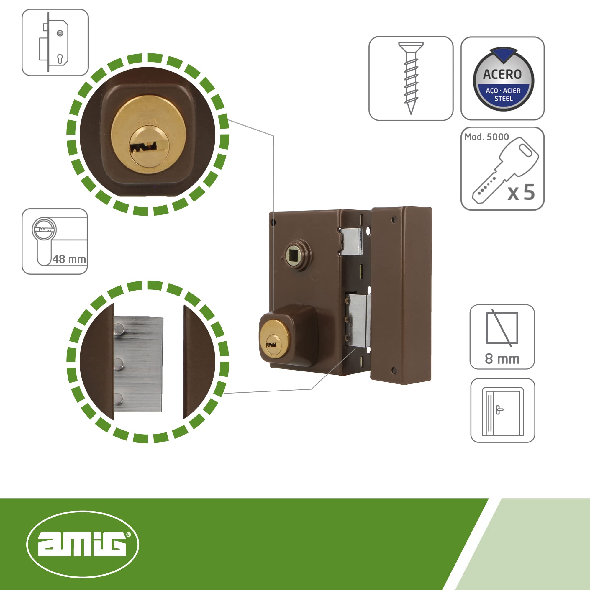 Amig - Cerradura de Sobreponer de Derecha con Palanca de Cierre, Lengüeta y Cuadradillo para Puertas de Madera Mod. 75N / 67 x 112 mm/Cilindro Redondo de Seguridad/Acero Marrón