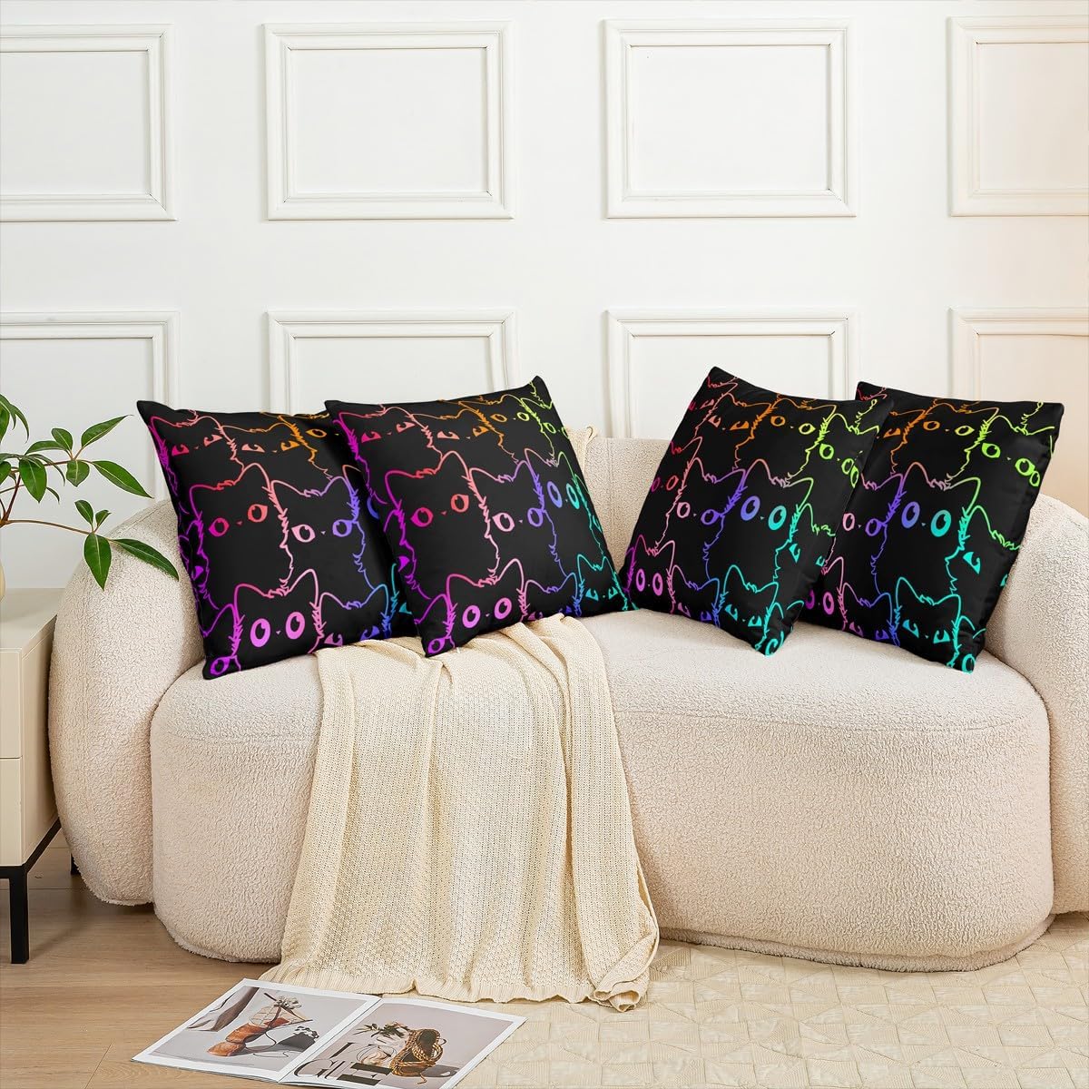 Gradient Line Cat Throw Pillow Covers Pack of 2,Cute Pet Cushion Cover for Kids Girls Boys Colorful Pillow Cases Cartoon Living Room Sofa Bed Decor,16" Lx16 W image 5